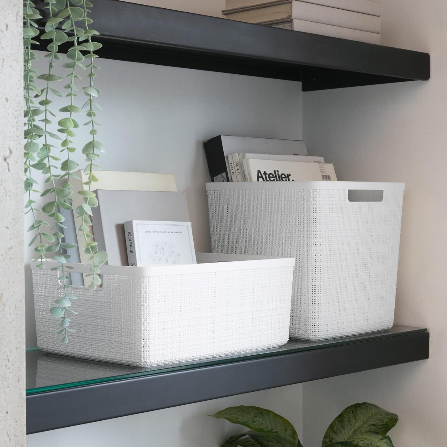 Curver Set of 6 Jute Medium Decorative Plastic Organization and Storage Baskets, Perfect Bins for Home Office, Closet Shelves, Kitchen Pantry and All Bedroom Essentials, White