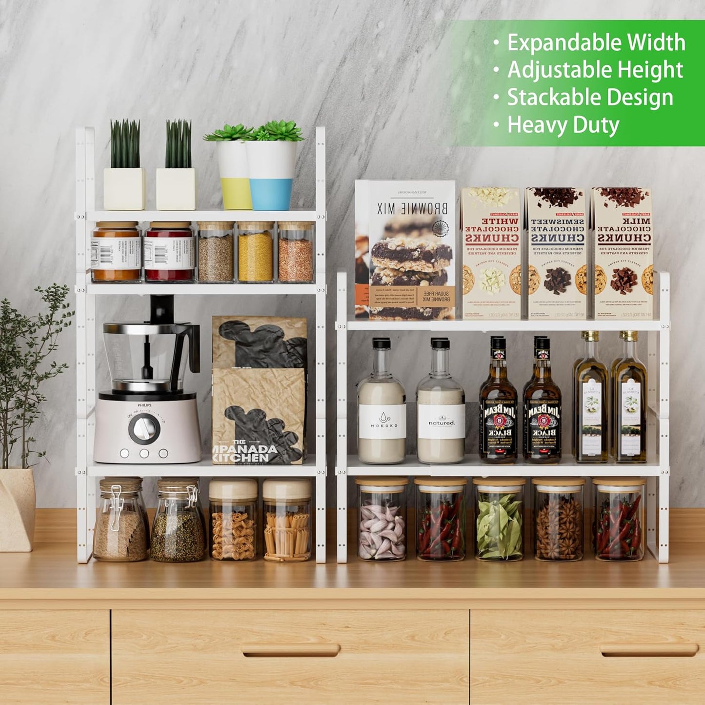 Expandable Cabinet Storage Shelf Stackable Organizer Rack for Kitchen Bathroom Pantry Spice Cupboard Countertop Home Office Desk Heavy Duty Nonslip White Large 1 Pack