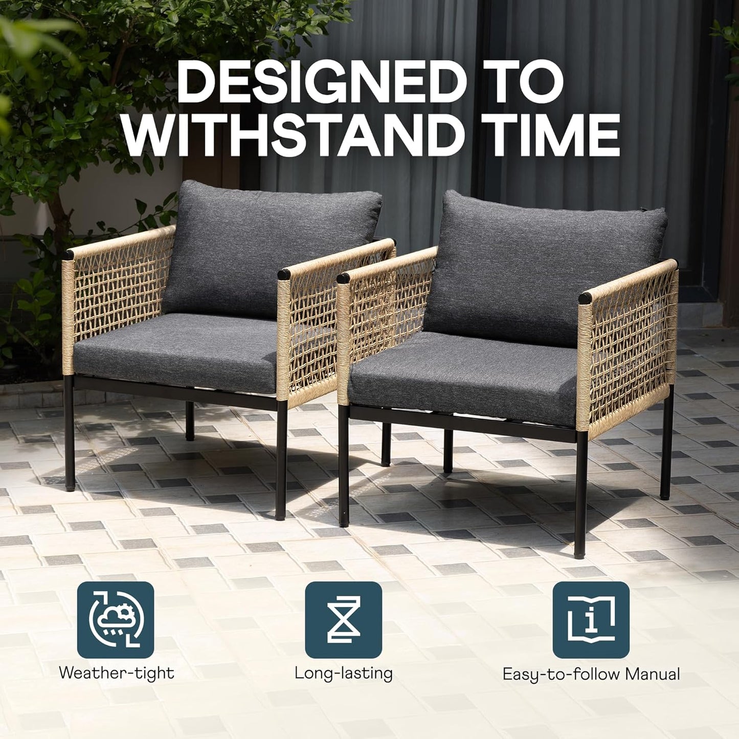 Idzo Oscar Wicker Outdoor Lounge Chair Set of 2, Sturdy Metal Frame, Weather-Resistant Rope Weave, Plush Olefin Cushions, Modern Patio Chairs for Backyard, Balcony, or Poolside