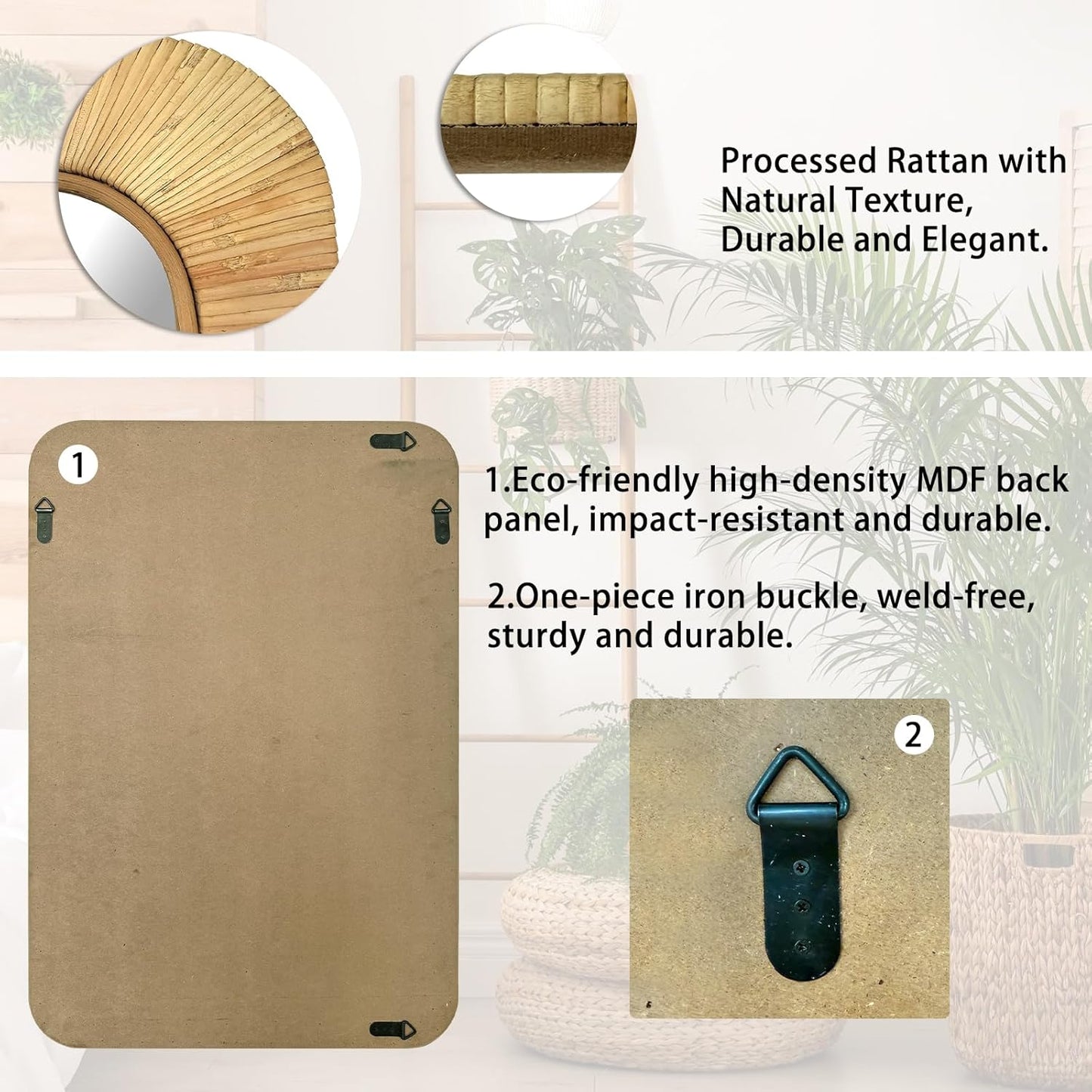 24x36 inch Rattan Rectangular Mirror for Wall, Bohemia Bathroom/Farmhouse Boho Mirrors, Vanity Irragular Decorative Mirror, Suitable for, Nursery, Bedroom, Living Room, Home Decoration