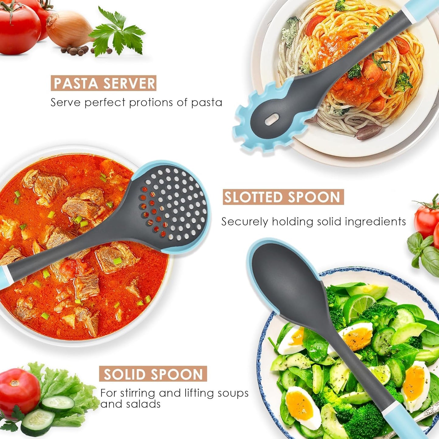 Kitchen Cooking Utensils Set, Non-Stick Spatula Set with Rotating Stand, 6 PCS Silicone Utensils Set for Cooking, 400°F Heat Resistant, Kitchen Gadgets with Nylon Handle & Stable Holder, Grey Blue