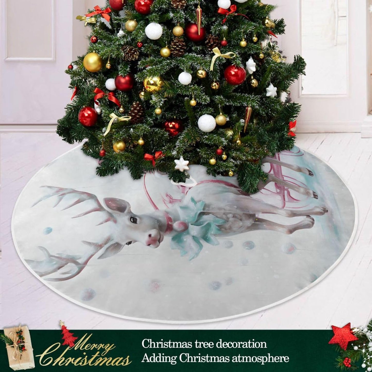 Christmas Tree Skirt, 48 Inch Santa Claus Pink Reindeer Xmas Tree Mat for New Year Party Decorations