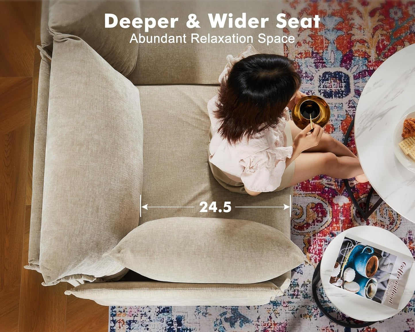 Oversized Accent Chair, Upholstered Modern Sofa Chair with Removable Backrest & Detachable Cover, 24.5" Deep Seat Large Reading Armchair for Living Room Bedroom Office - Chenille Beige Set of 2