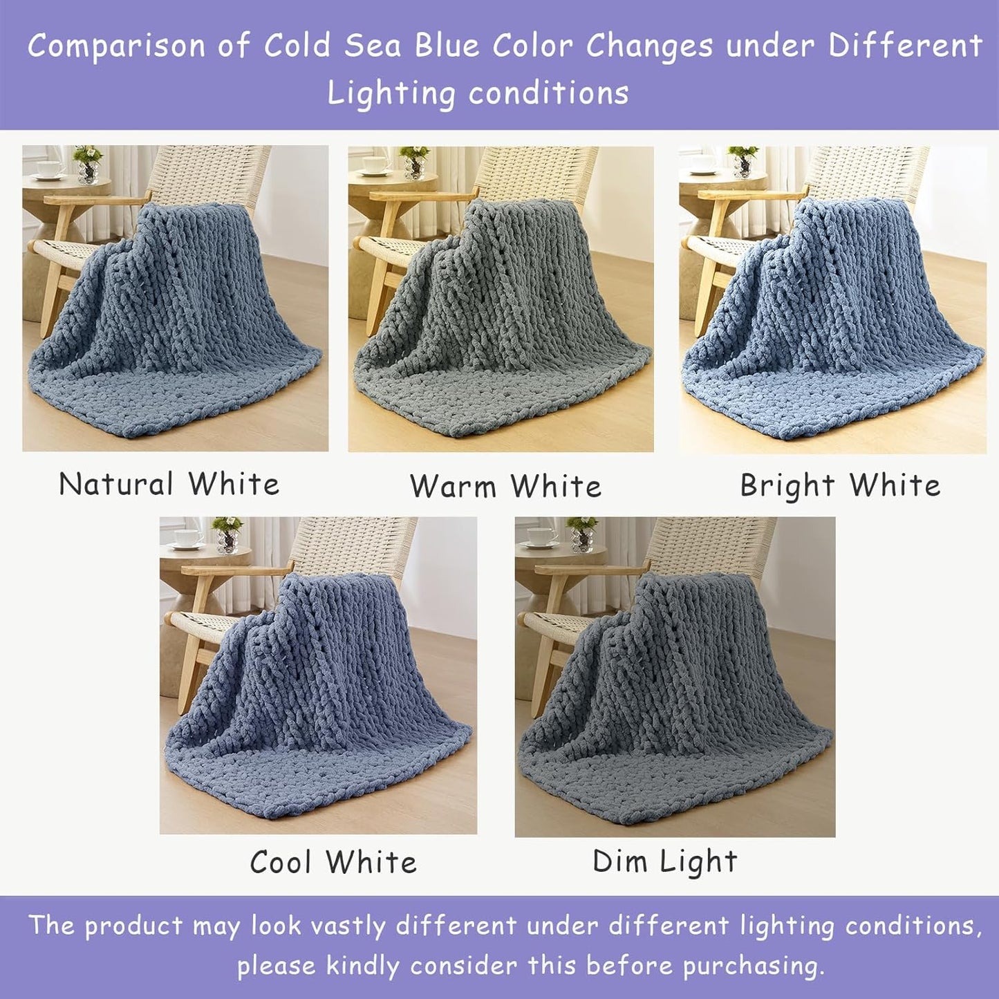 Bigacogo Chunky Knit Throw Blanket for Couch, 40x80 inches, 100% Hand Knitted with Thick Jumbo Chenille Yarn, Cozy Soft Large Rope Knot Cable Crochet Blankets for Sofa Bed Living Room, Cold Sea Blue