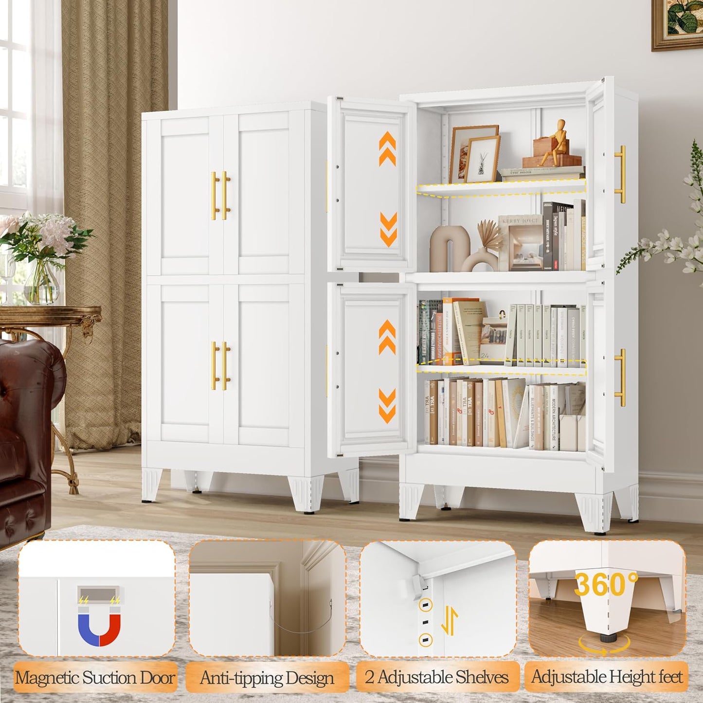 47.25" Metal Pantry Cabinet, Storage Cabinets with 4 Door and 2 Adjustable Shelves, White Bathroom Cabinet, Freestanding Cupboard for Kitchen Dining Living Room Bathroom