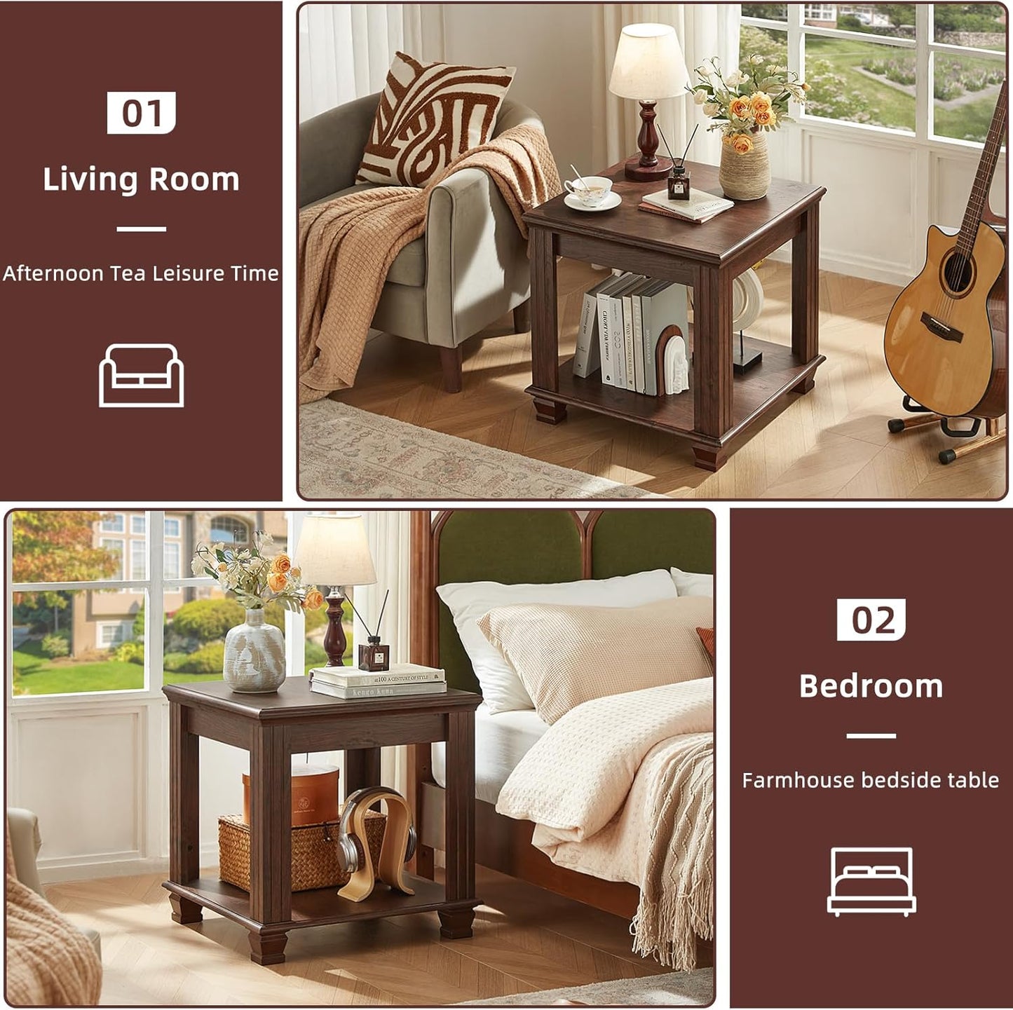 Farmhouse End Table Set of 2,Large Side Table with 2-Tier Storage Shelf,Rustic Brown End Tables for Living Room,Square Tea Table,Walnut