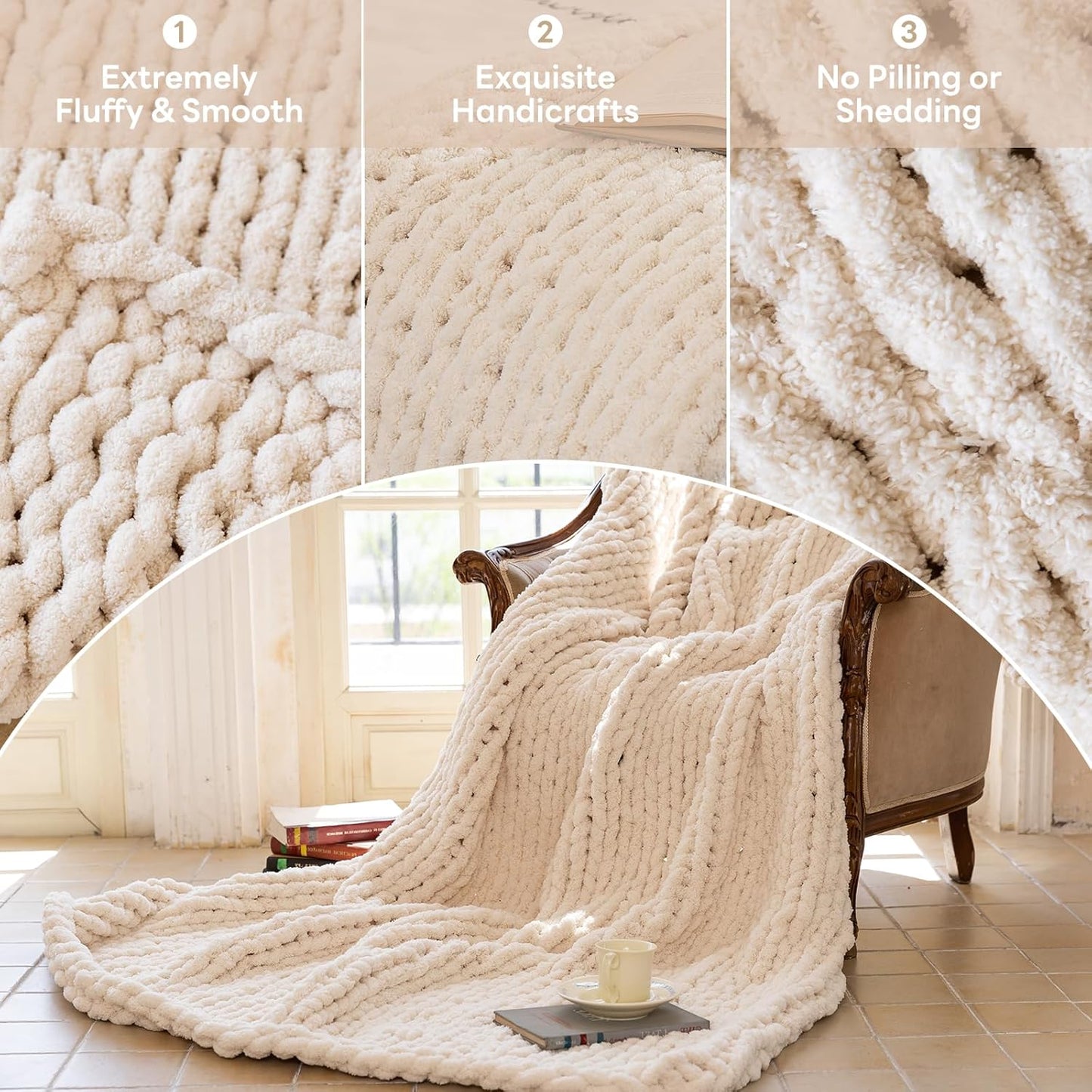 Chunky Knit Blanket - Luxury Soft Cozy Extra Large Size (80 * 90) Throw Blanket,100% Woven Blanket Rope Knot Throw Blanket for Couch, Sofa, Home Decor, Gift - Machine Washable(Cream)