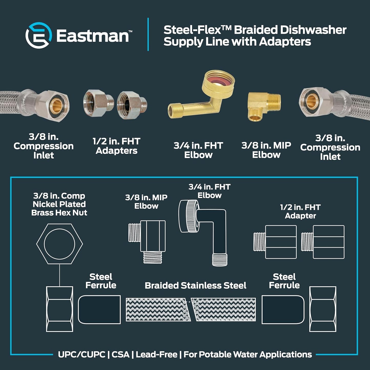 Eastman Dishwasher Installation Kit, 8 Foot Hose with Adapters, 3/8 Inch MIP x 3/4 Inch FHT Elbows, Braided Stainless Steel Connectors, 41132