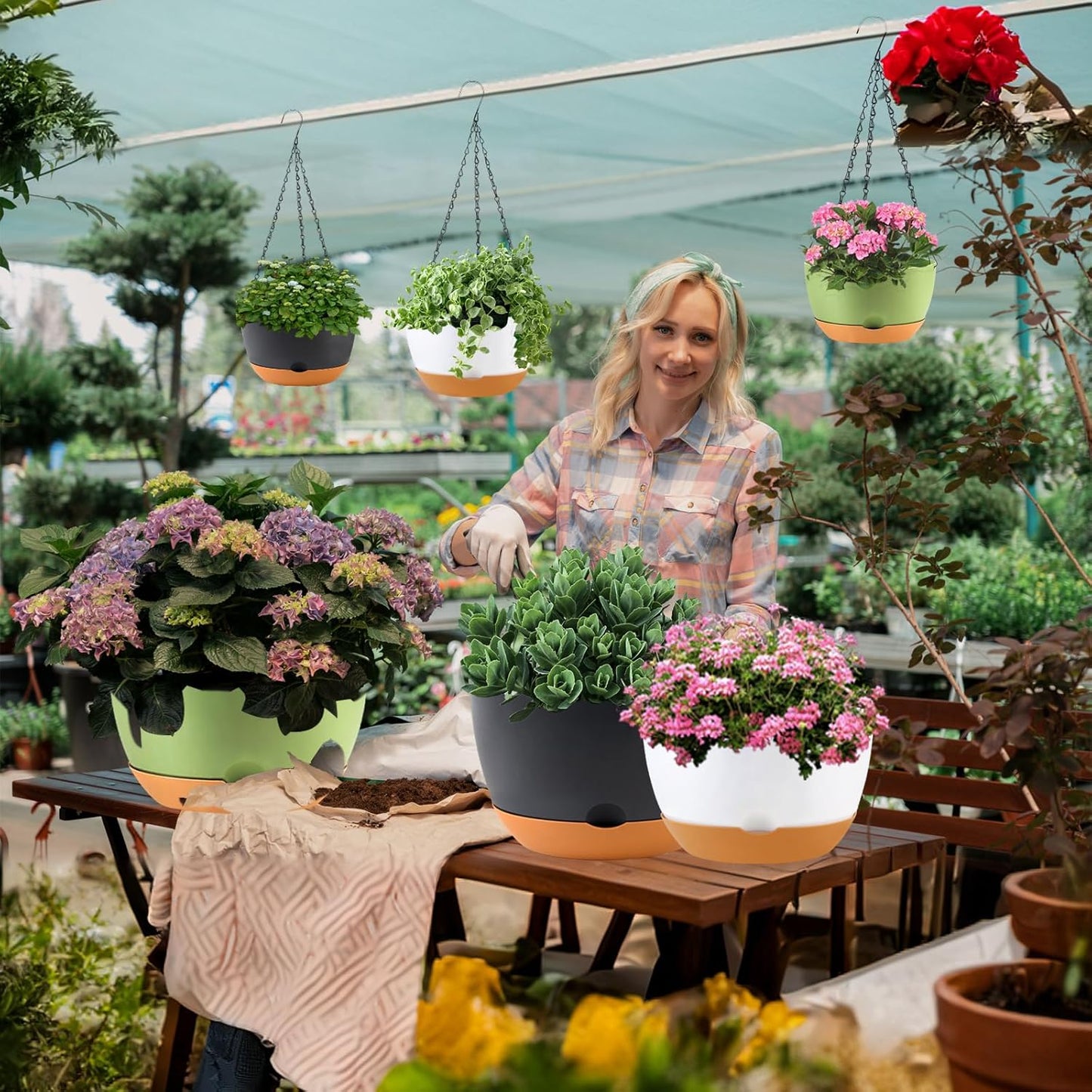 4 Pack Plastic Hanging planters for Indoor Plants,8 Inch Plant Pot Indoor Outdoor Hanging Baskets,Hanging Flower Pots with Drainage Holes and Chain for Garden Porch Plants (Green)