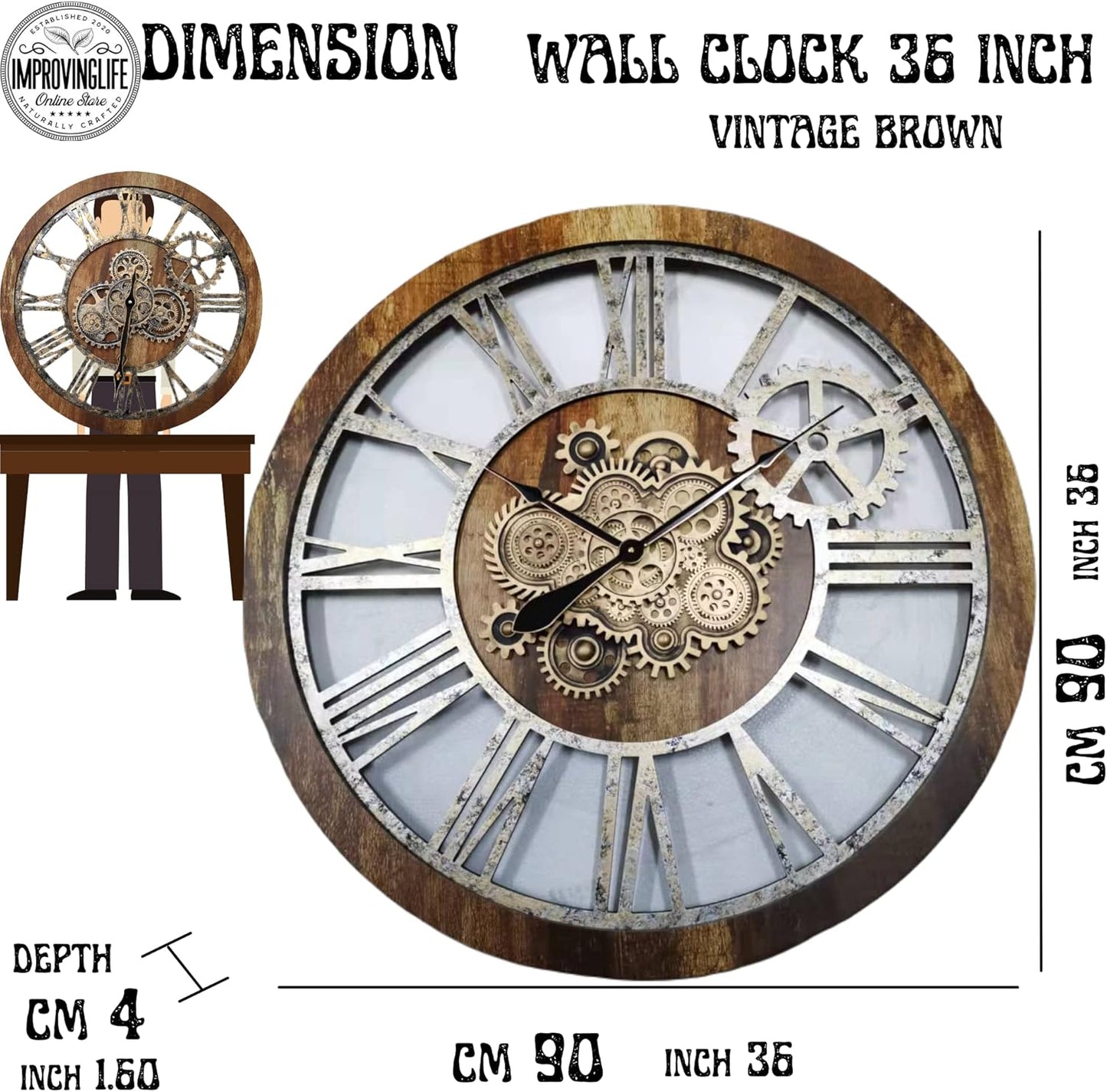 The Gears Clock 36'' Inch Real Moving Gear Wall Clock Vintage Industrial Oversized Rustic Farmhouse (Vintage Brown)