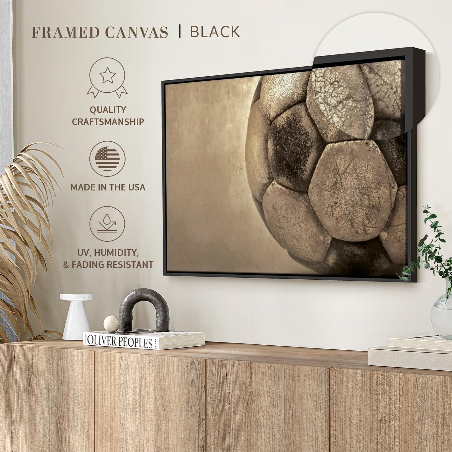 Elephant Stock Worn Soccer Ball Wall Art - Horizontal Framed Canvas - 1-Piece Living Room Wall Decor - Photography sports Canvas Print - Brown and Gray Decor for Wall - 13" X 9"
