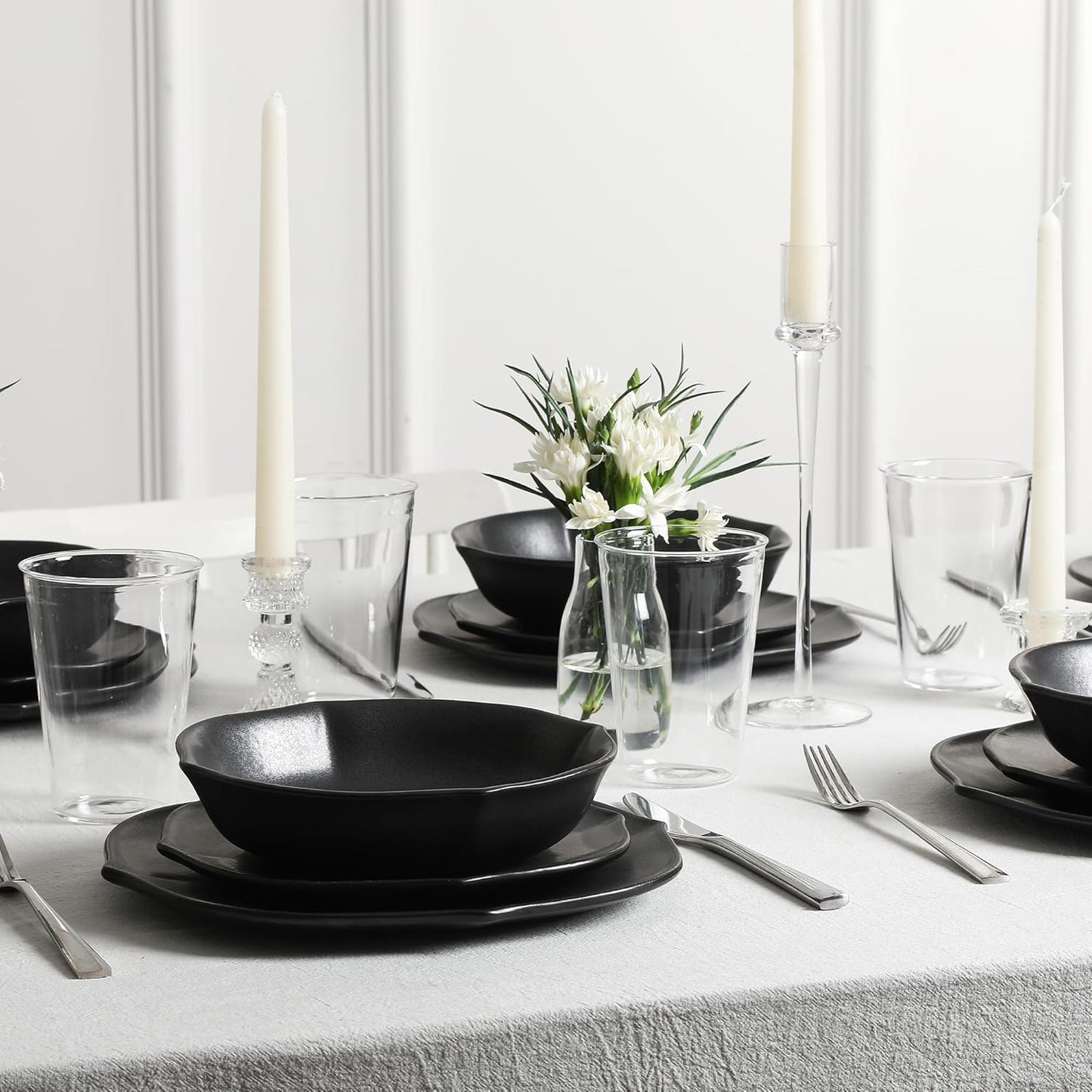 Stone Lain Baskerville 16-Piece Dinnerware Set Stoneware, Borosilicate Glass, Black