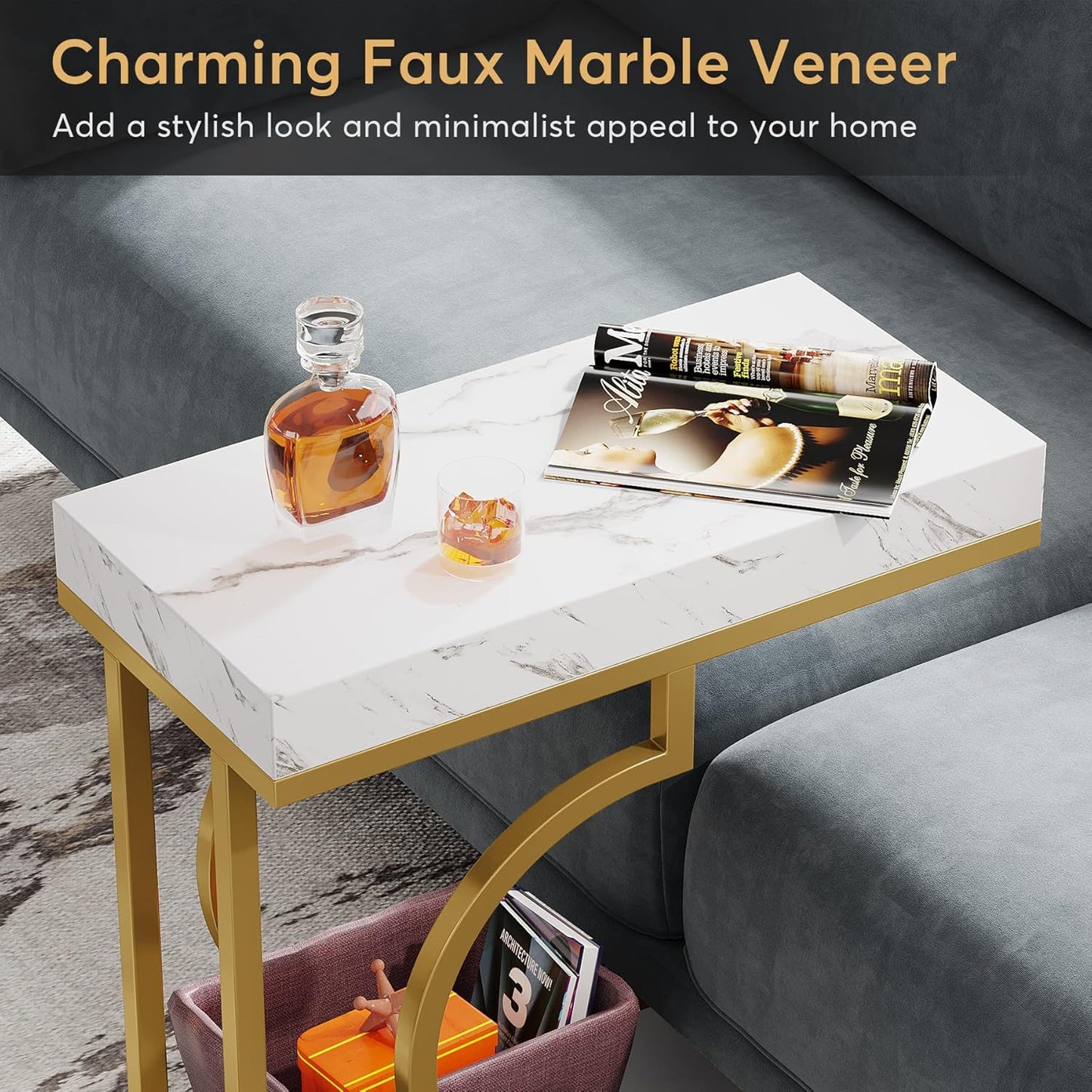 Tribesigns Narrow Side Table White Gold C Shaped End Table Modern Bedside Tables Small Chairside Table for Couch, Sofa Table with Metal Frame for Living Room (1, White+Gold)