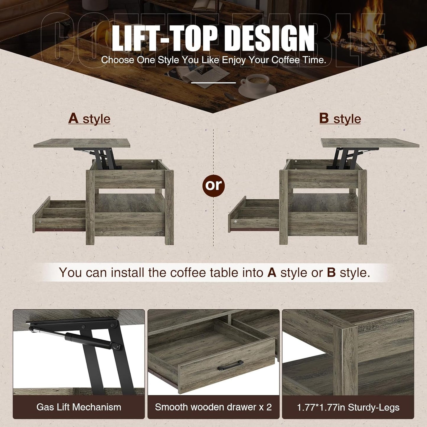 Rolanstar Coffee Table, 47.2" Lift Top Coffee Table with Drawers and Hidden Compartment, Retro Central Table with Wooden Lift Tabletop, for Living Room, Washed Oak