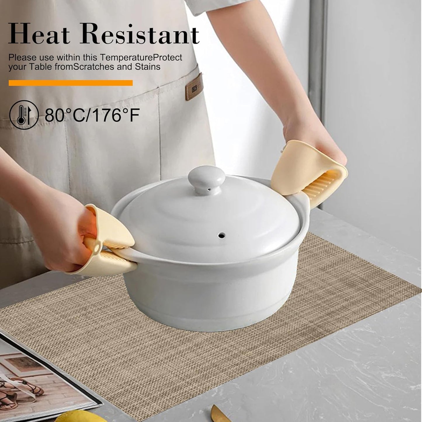 Placemats Set of 6 Washable Indoor/Outdoor Vinyl Place Mats for Dining Table Durable Non-Slip Heat Resistant PVC Weave Table Mats(Khaki)