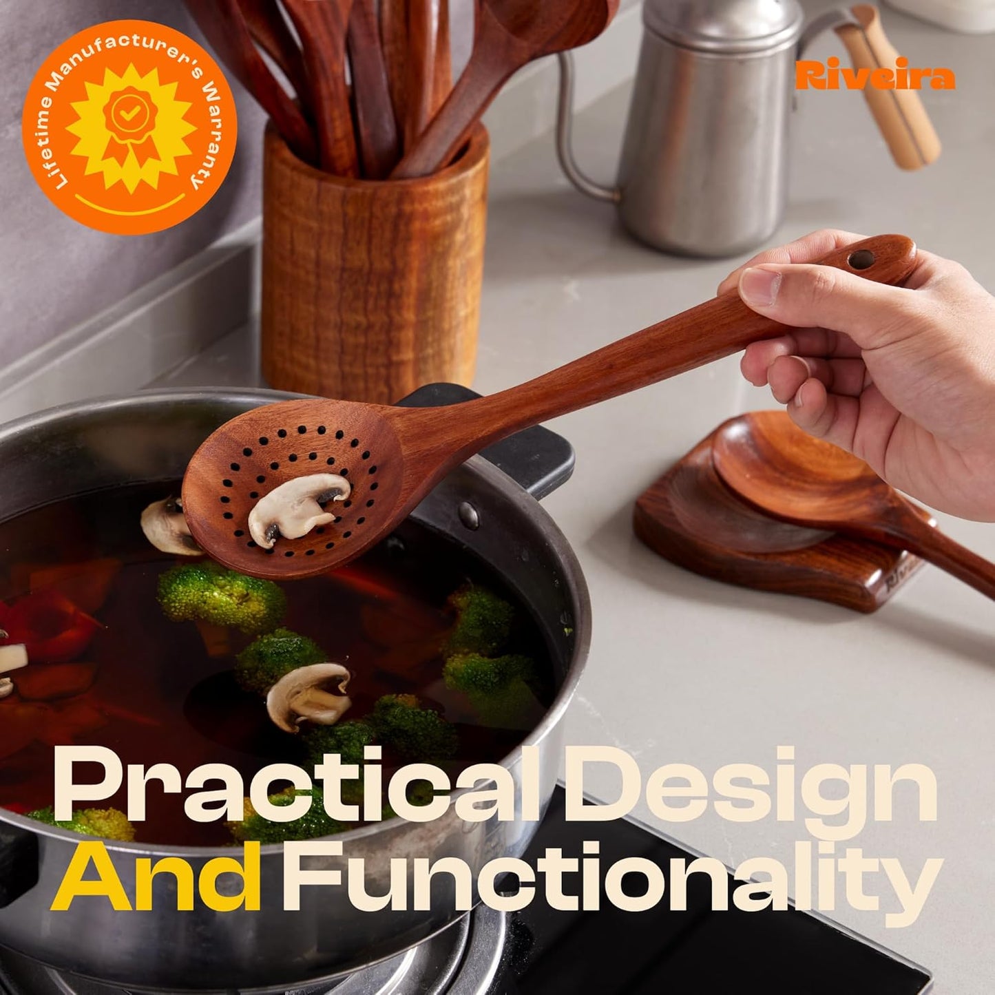 Riveira Dark Teak Kitchen Utensils Set - 12-Piece Non-Toxic Cooking Utensils Set - Wooden Spoons for Cooking - Spatula for Cooking - Teak Wooden Utensils