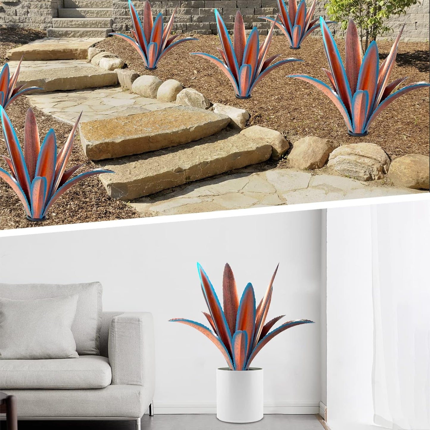 TOMBABY Enlarge Thickened Wind Resistant Metal Agave Garden Art Metal Plant Country Sculpture Statue Outdoor Decoration Agave Metal Plant Courtyard Garden Lawn Ornament Gift (1, 12 Leaves Blue)