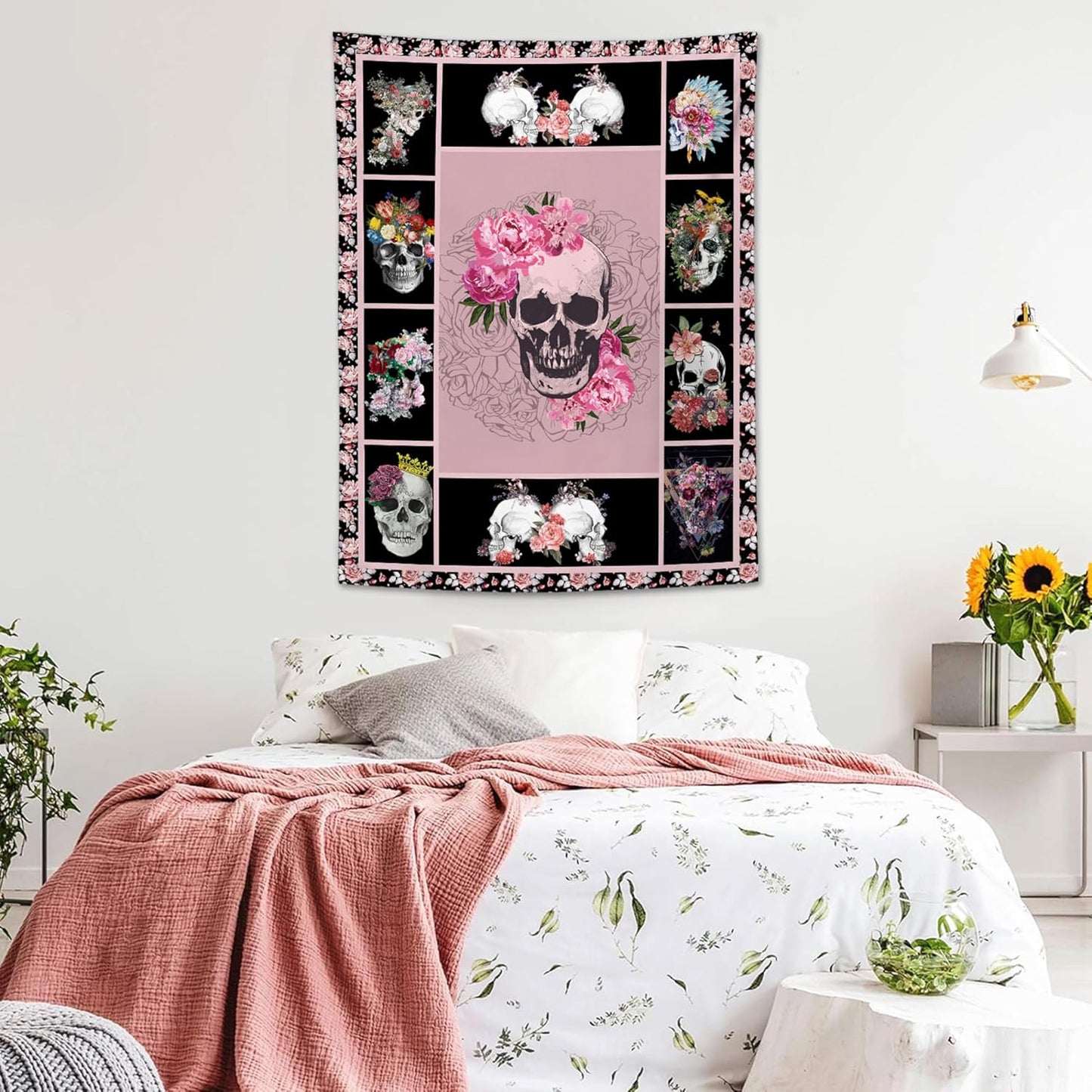yowecso Sugar Skull Tapestry Horror Skeleton Tapestry Wall Hanging for Bedroom Rose Skull Tapestries Aesthetic Wall Decor for Home Dorm Living Room 50"x60"