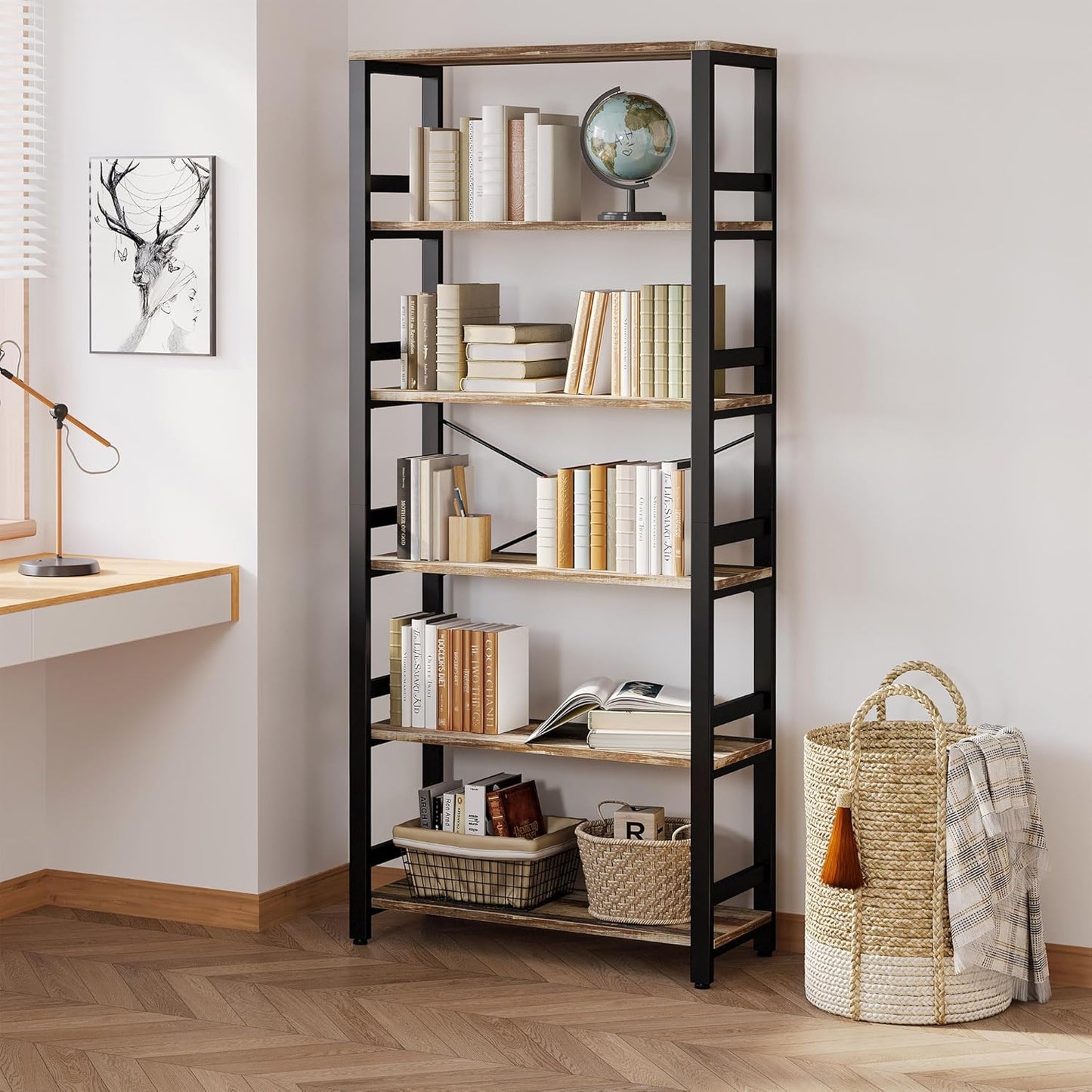 IRONCK Bookshelf, 31.5in Wide Shelf 6 Tier Bookcase, 110lbs/shelf Vintage Industrial Style Bookshelves for Bedroom, Living Room and Home Office, Industrial Brown