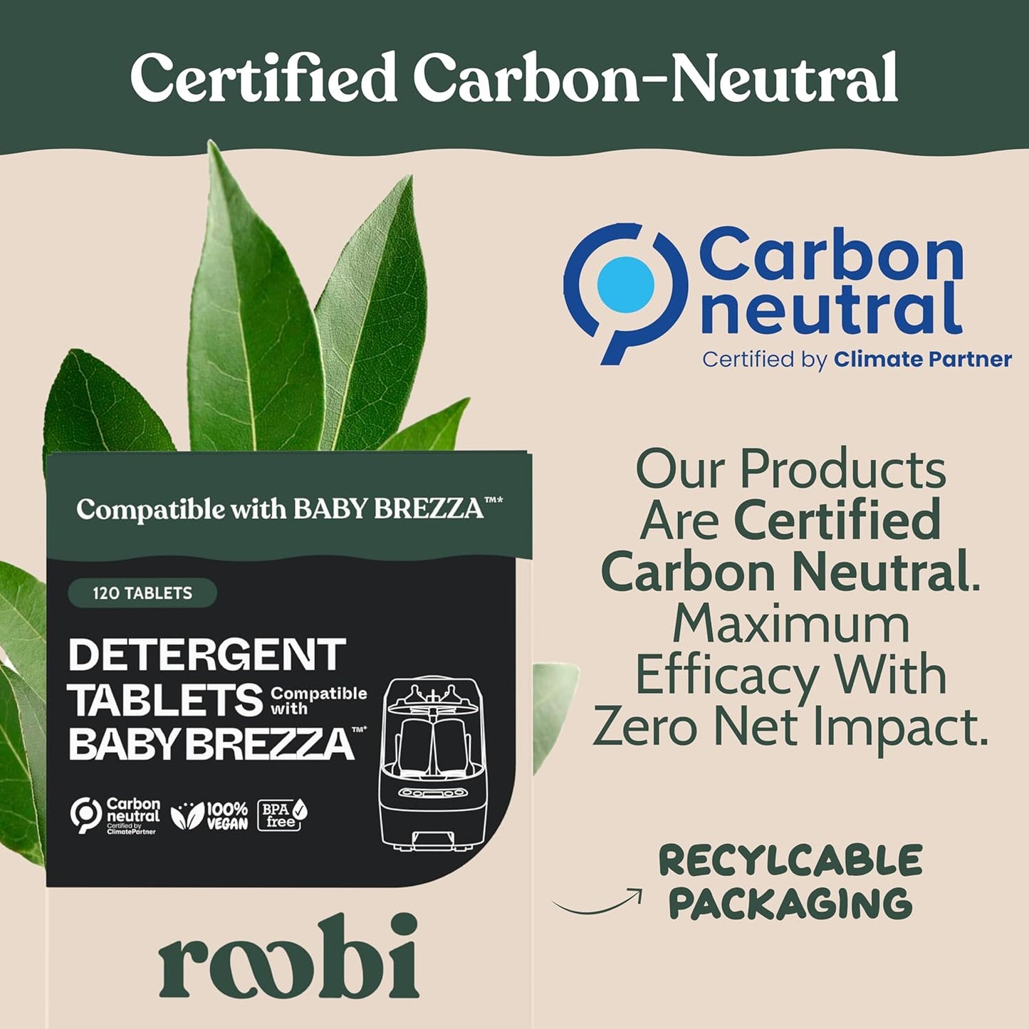 Roobi Detergent Tablets Compatible with Baby Brezza Bottle Washer Pro. Removes Milk Residue & Odor, Hypoallergenic Carbon Neutral Formula. 120 Count.