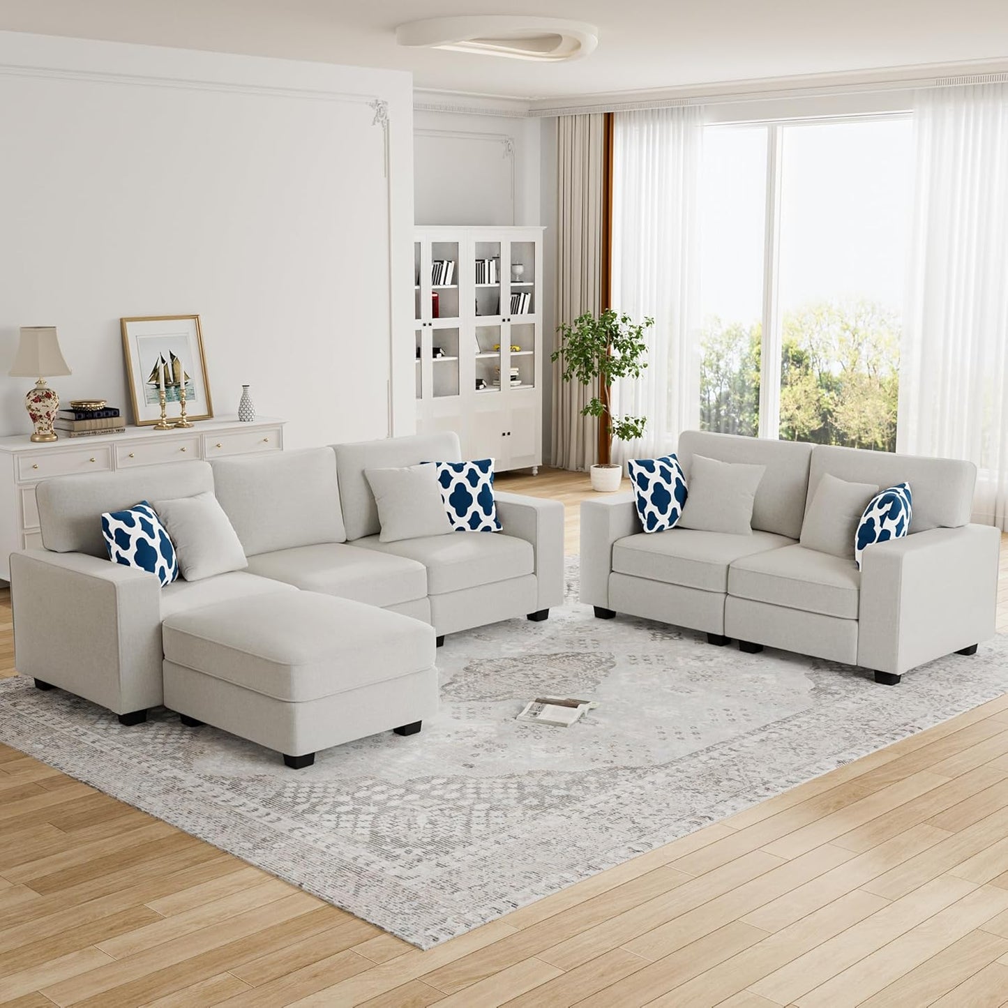 L Lengend Vansen Modular Sectional Sofa U Shaped Couch with Ottoman Modern Reversible Corner Sectional Couch for Living Room (Cream, 2+3 with Ottoman)