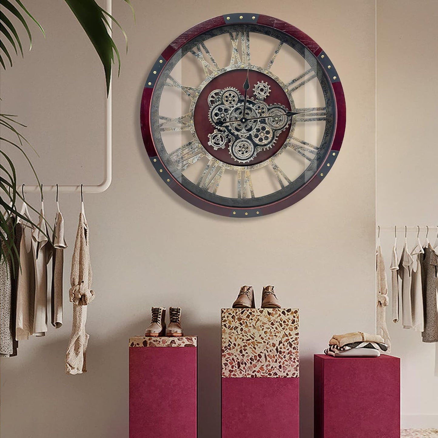 DORBOKER 30" Original Moving Gears Wall Clock, Large Industrial Wall Clock for Living Room Decor, Retro Wood Vintage Farmhouse Steampunk Rustic Clocks for Wall Decor,Cherry Red