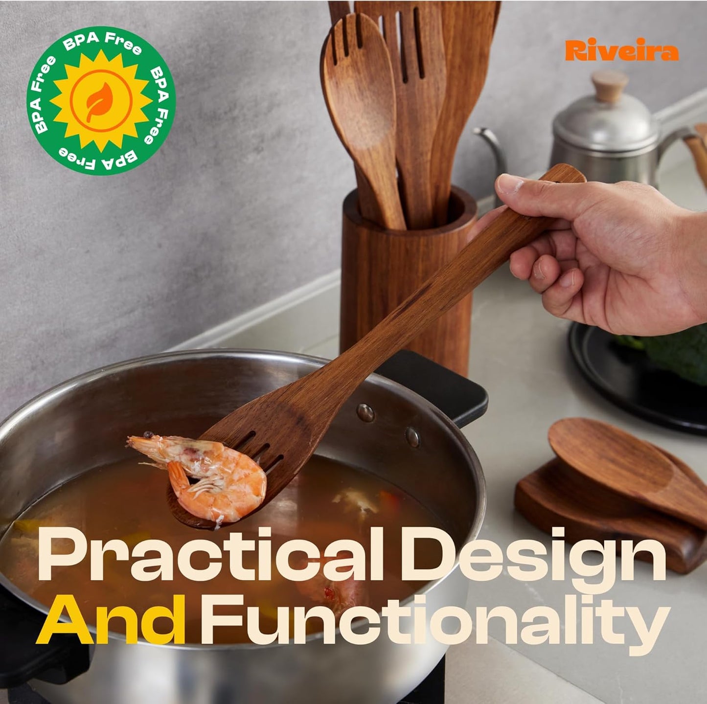 Riveira Teak Wooden Spoons for Cooking Set of 9 – Natural Teak Wooden Cooking Utensils, Wooden Spatula, Wooden Spoon - Premium Quality Wooden Utensil Set for Non-Toxic Cooking