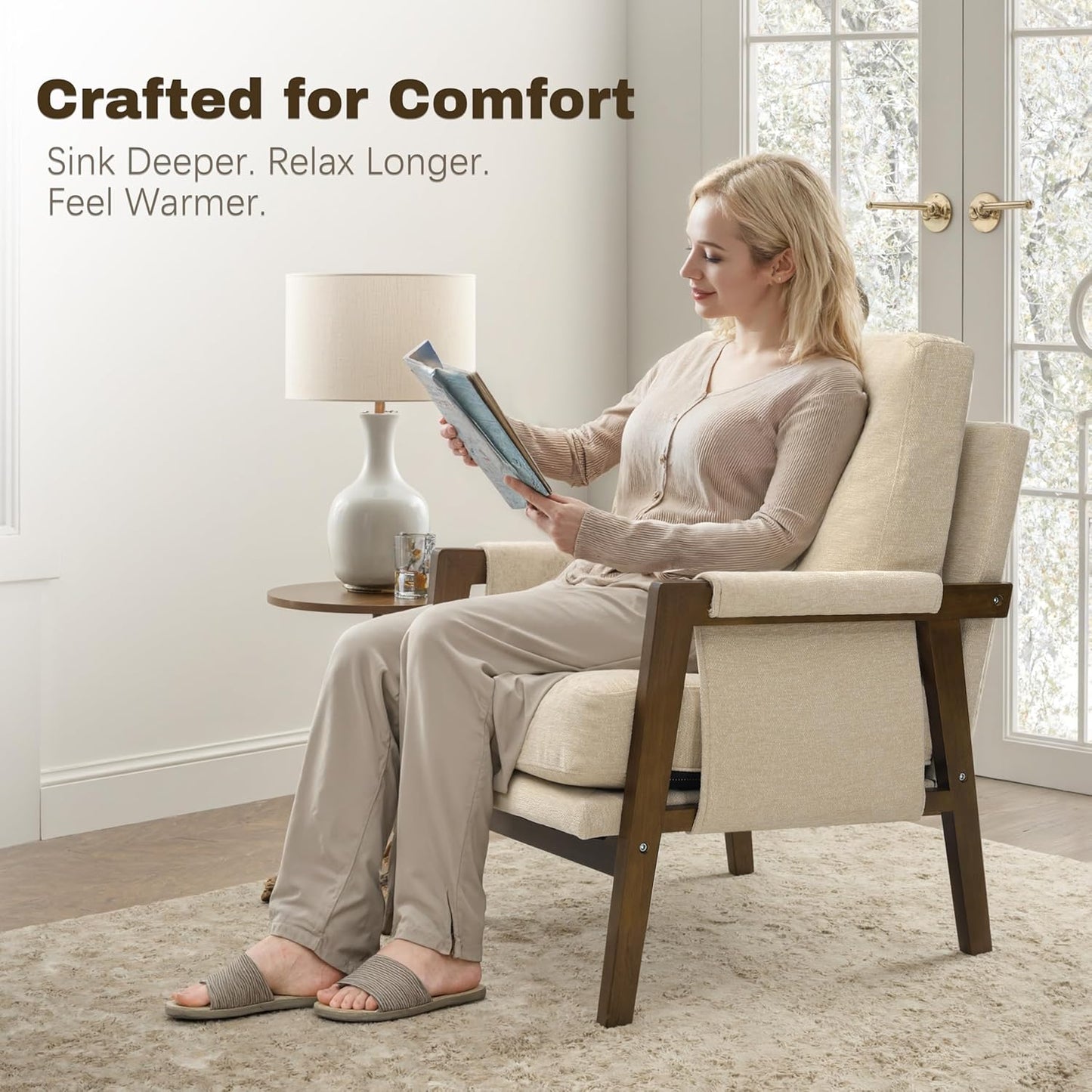 Modern Accent Chair for Living Room Mid Century Arm Chair Upholstered Bedroom Chair Comfy Lounge Chair with Solid Wood Frame, Beige