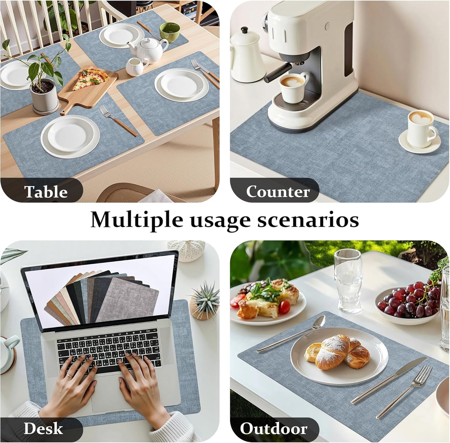 FROMHEART Faux Leather Placemats Set of 6–Waterproof,Heat/Oil Stain-Resistant PU Table Mat–Reversible,Non-Slip,Easy to Clean Place Mats for Kitchen,Dining,Indoor/Outdoor,(Light Blue,11.8" x 17")