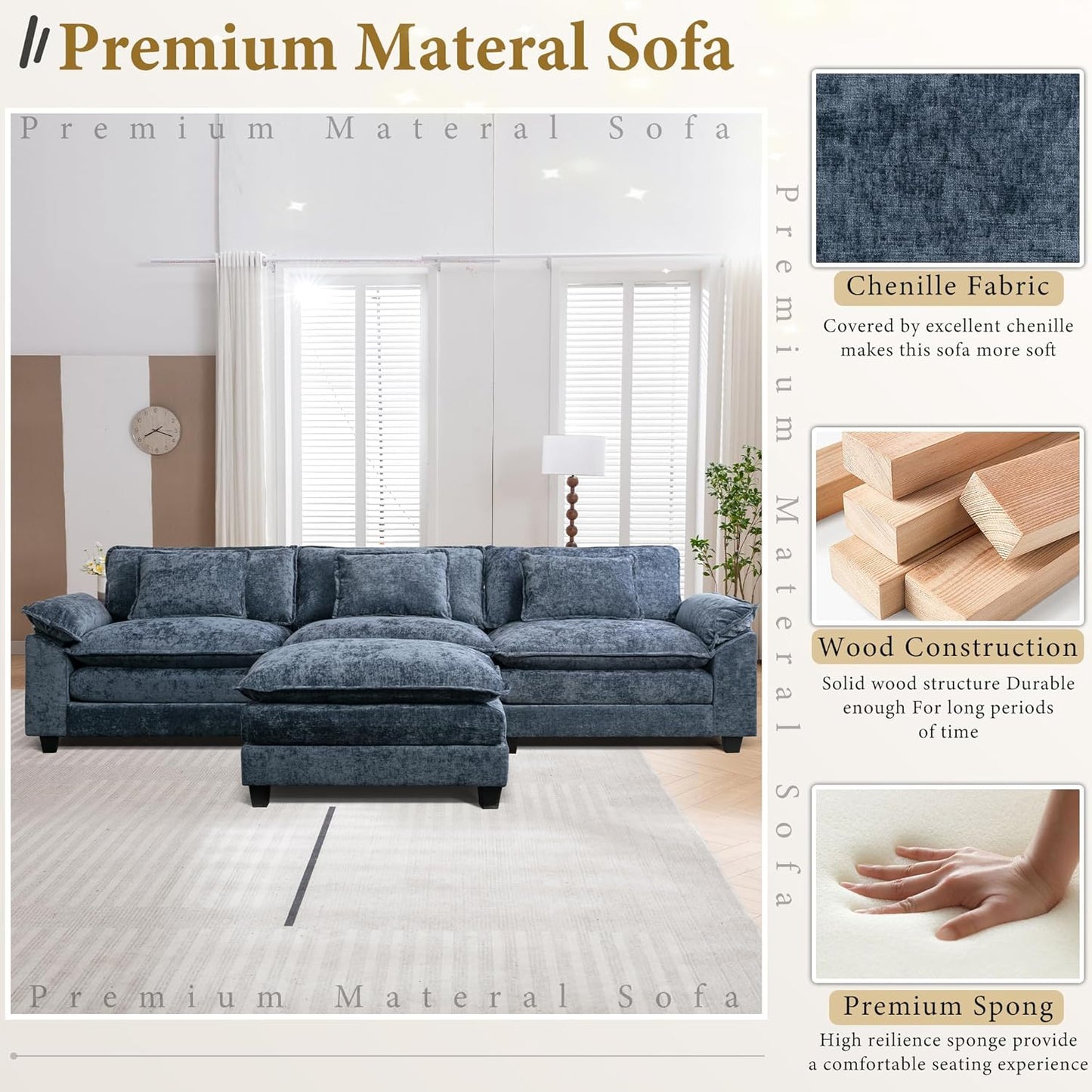 URRED Modular Sectional Sofa Comfy Cloud Couch, Modern Chenille Sofa Sleeper Deep Seat Couches with Ottoman/Pillows for Living Room (Blue, 117''- L Shape)