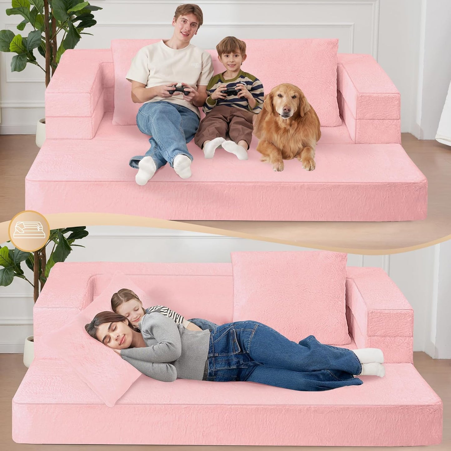 Folding Bean Bag Chair for Adults,3-in-1 Bean Bag Couch Faux Fur Floor Sofa Large Beanbag Convertible Bean Bag Sofa Bed with Pillow in Bedroom,Living Room,Apartment(Queen,Pink)