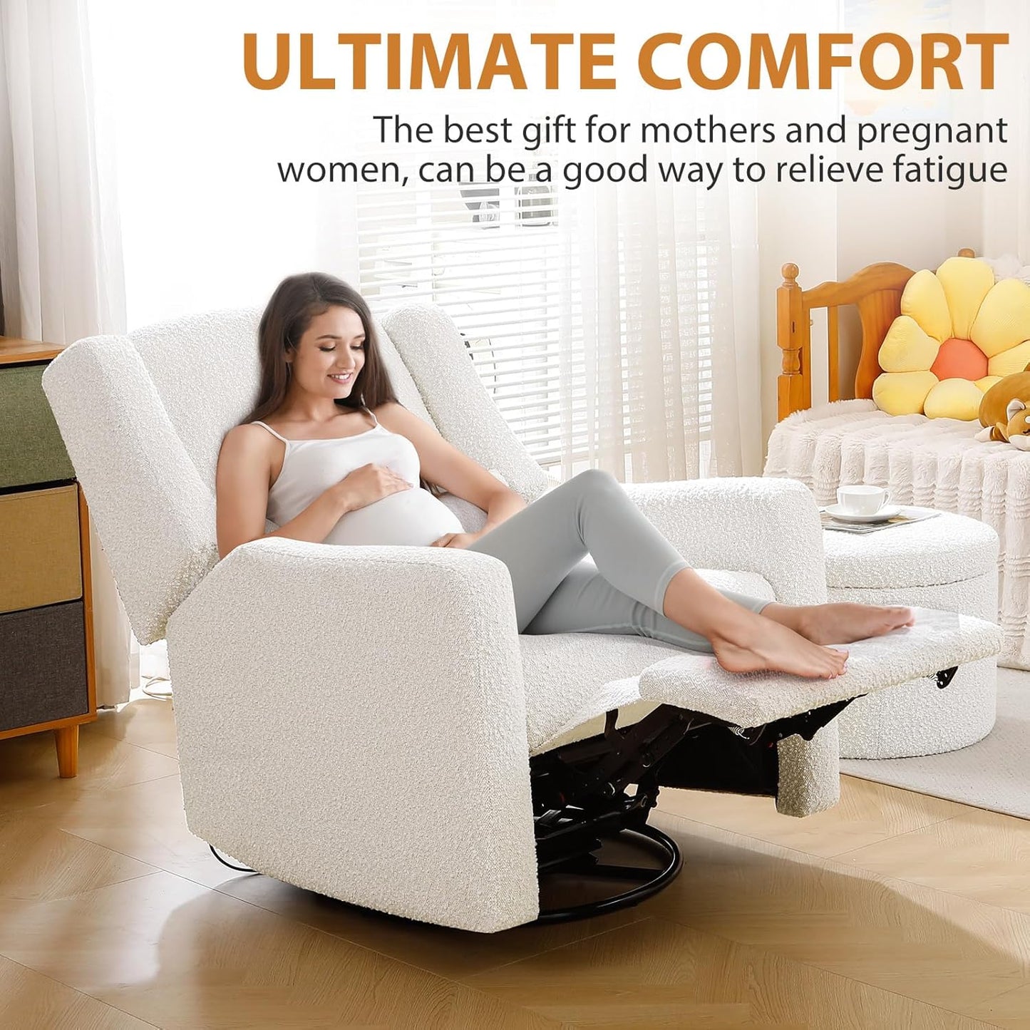 Power Recliner Chair Swivel Glider, Large Rocker Recliner w/USB Charging Port, Boucle Upholstered Swivel Rocker Glider Recliner for Nursery,Bedroom,Living Room,Set of 2,Cream