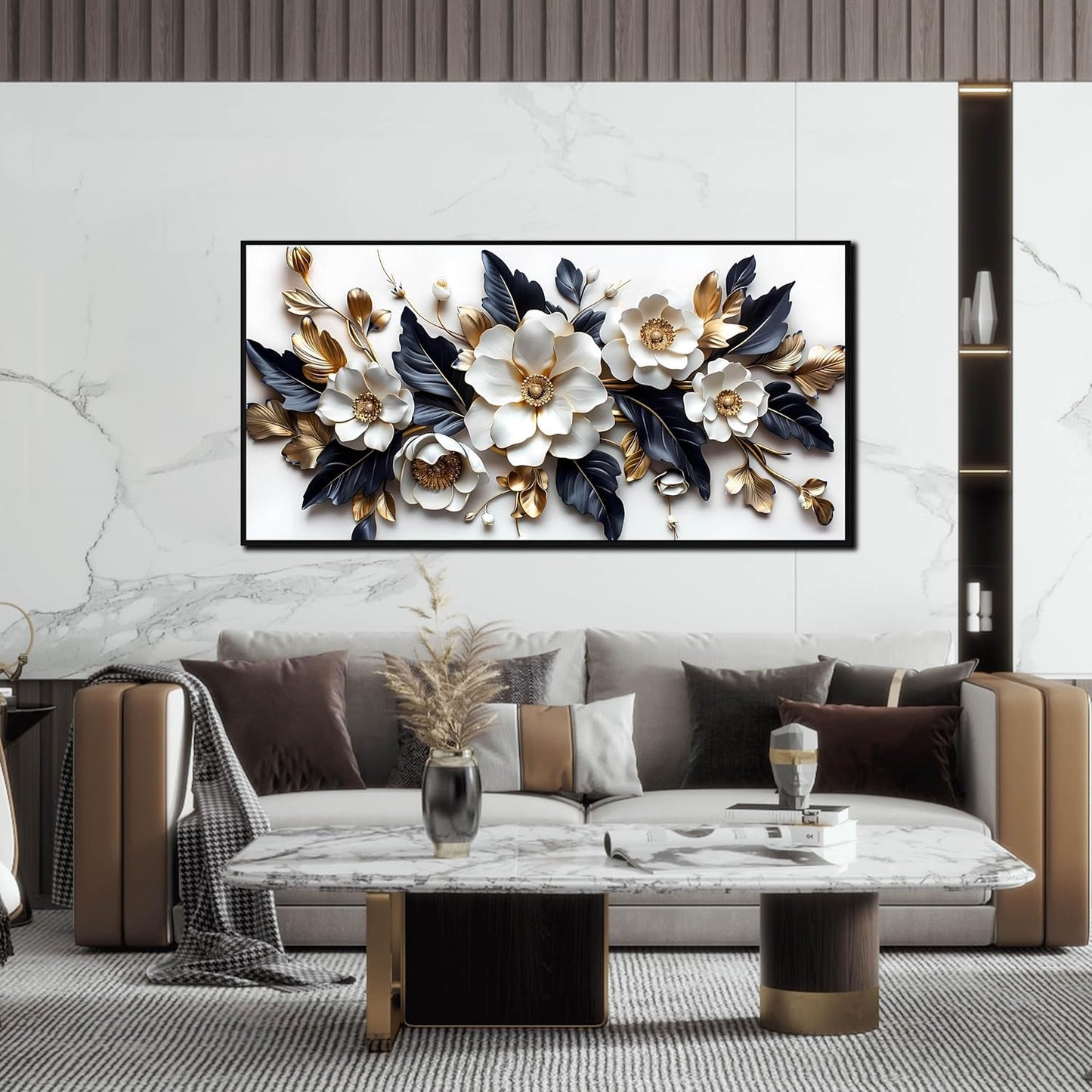 White Flower Wall Decor for Living Room - Modern Blue White and Gold Wall Art Bedroom - Black Framed Wall Art Size 24" x 48"