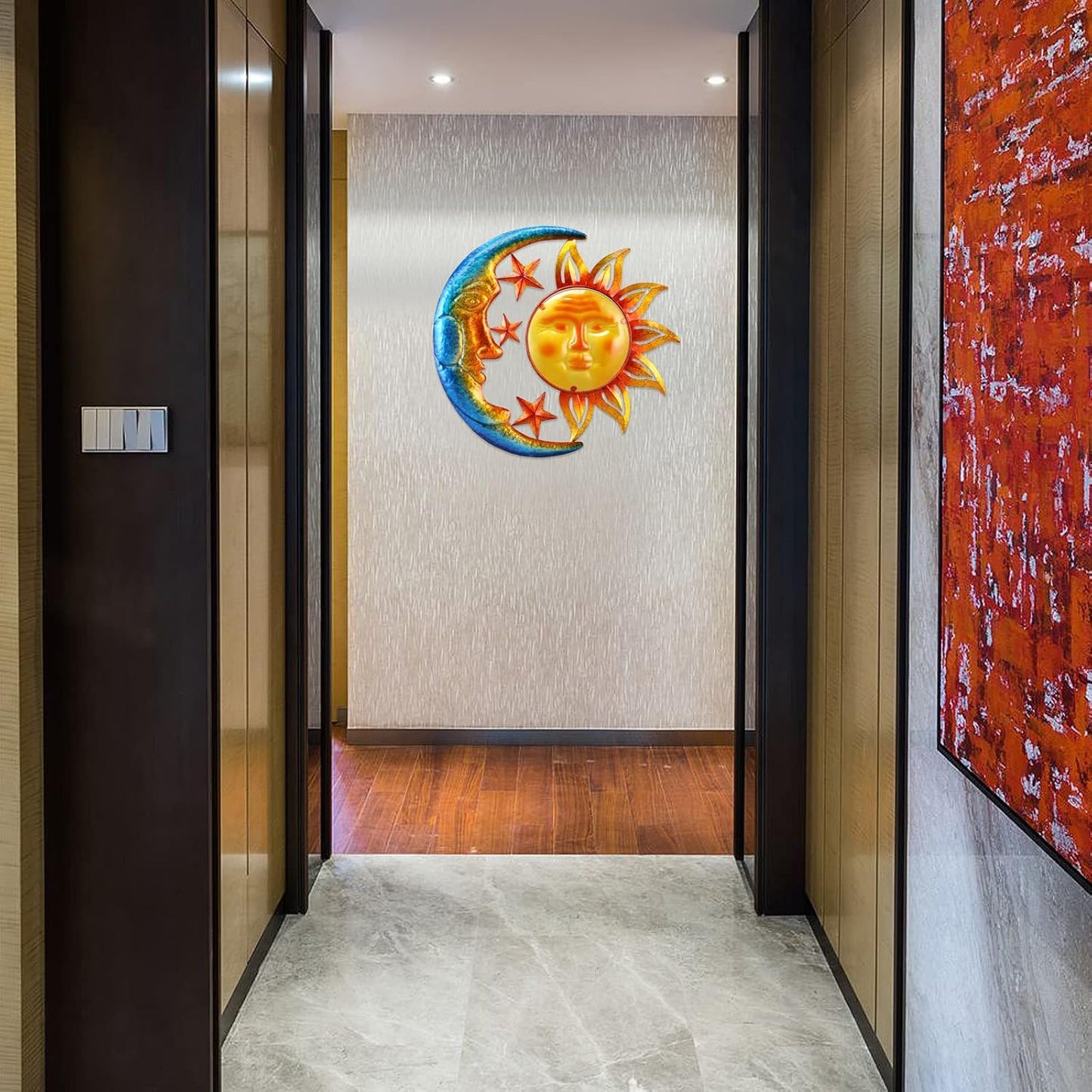 Metal Sun Outdoor Wall Art Decor Large 18 Inch with Moon & Stars, Hanging for Indoor Outdoor Patio Garden Fence Deck Yard Pool Wall Sculpture Decoration for Living Room Bedroom Colorful