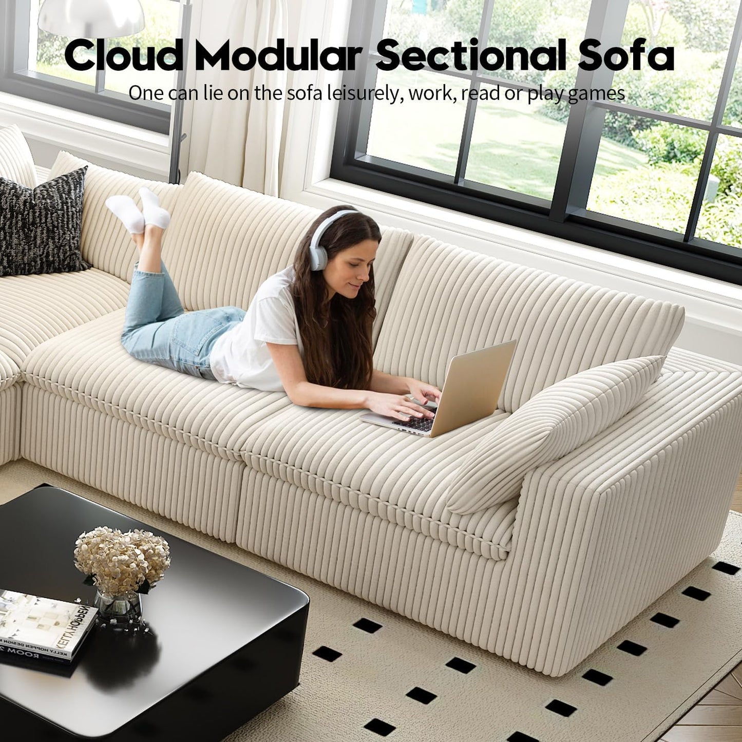 LoveSeat Cloud Couch Modular Sectional Sofa for Living Room,Modern Sofa with Deep Seat,2 Seater Boneless Couch with Ottoman,Comfy Upholstered Couches for Apartment, Studio, Office,Bedroom,White