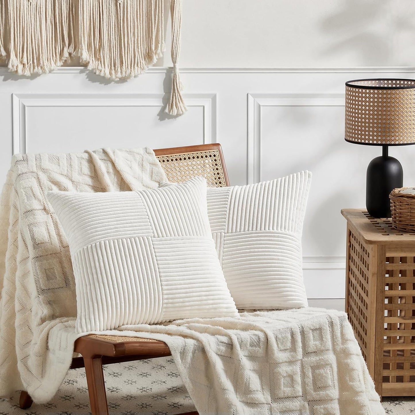 Fancy Homi 2 Packs Cream White Decorative Throw Pillow Covers 22x22 Inch for Living Room Couch Bed, Rustic Farmhouse Boho Home Decor, Soft Corss Corduroy Patchwork Accent Square Cushion Case 55x55 cm