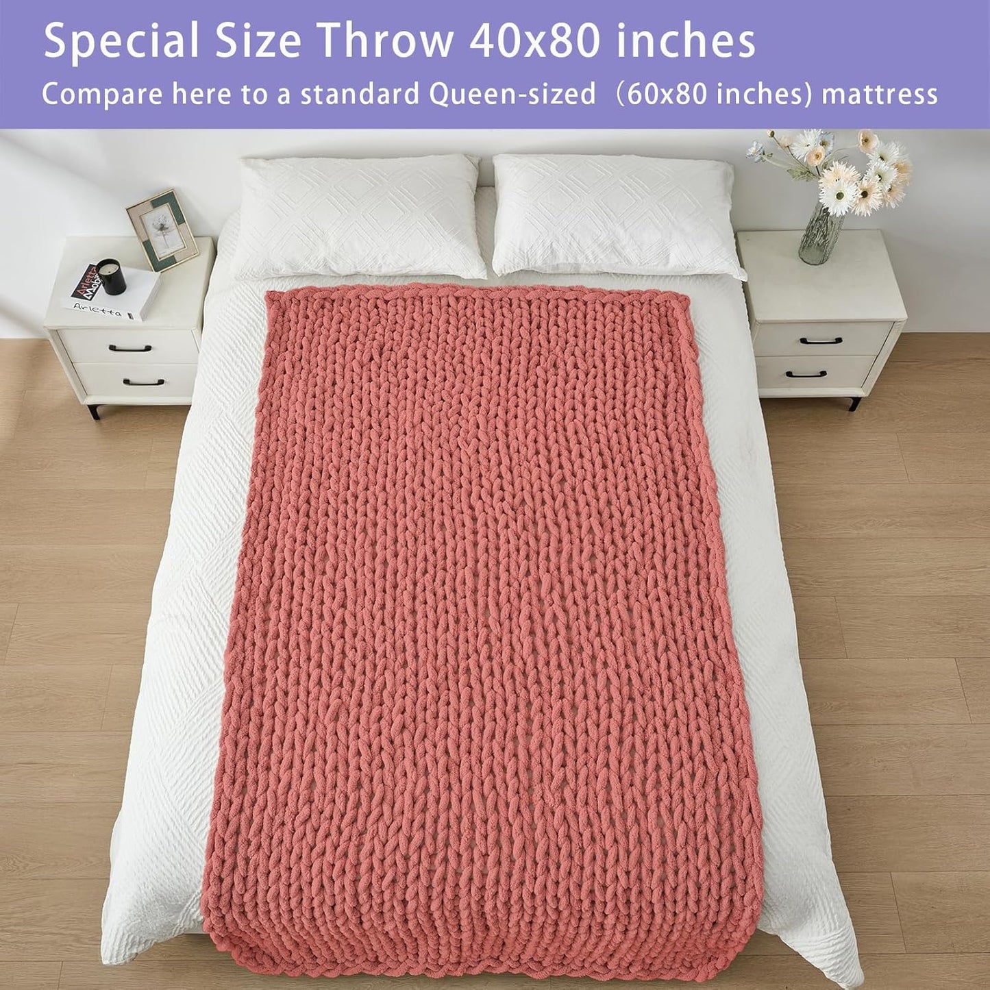 Bigacogo Chunky Knit Throw Blanket for Couch, 40x80 inches, 100% Hand Knitted with Thick Jumbo Chenille Yarn, Cozy Soft Large Rope Knot Cable Crochet Blankets for Sofa Bed Living Room, Antique Red