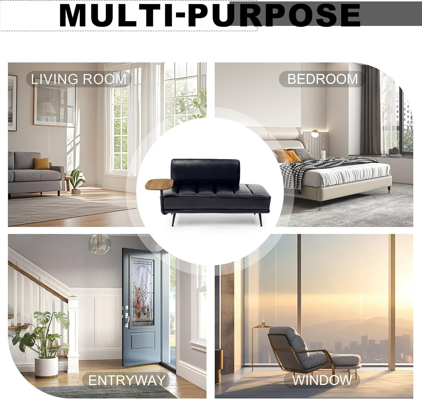 Sofa,Bed Bench,Small Spaces Furniture,Polyurethane Leather,Wood Frame,High Density Sponge Infillings,360-Degree Swivel Tray,Black Metal Leg (Black)