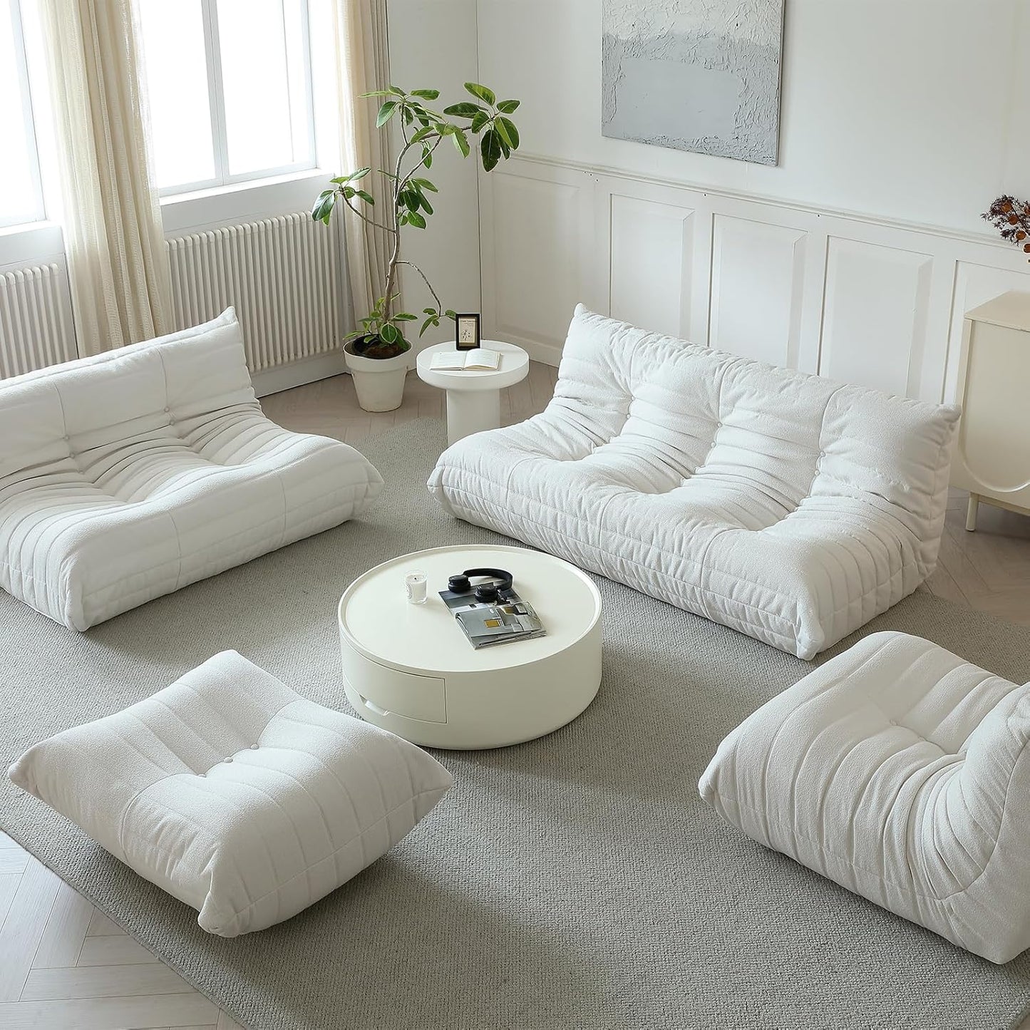 Luxury Sofa Couch Chair, Lazy Floor Seating, Fireside Bean Bag Chair, Ergonomic Tatami Sofa Lounger for Living Room, Bedroom, Office, Single Seat, White