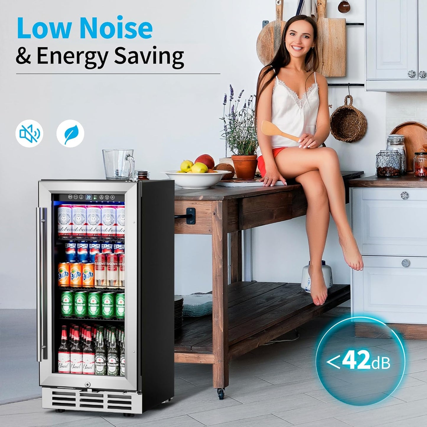 15 Inch Beverage Refrigerator Under Counter - 126 Cans Beverage Fridge with Glass Door for Beer Wine Soda - Built-in or Freestanding Wine Cooler with Safety Lock for Home Kitchen Bar