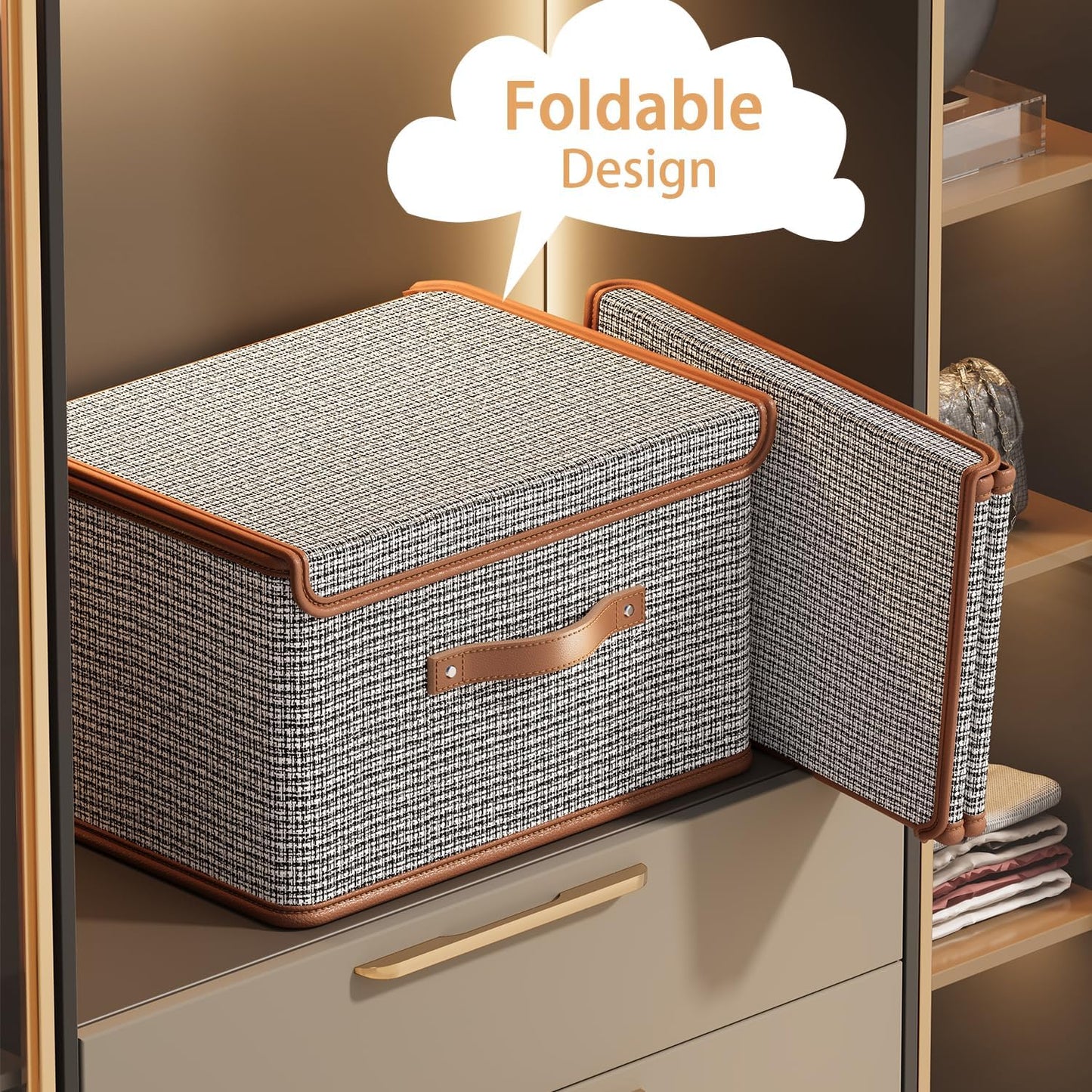 Tuza 4 Pack Storage Bins with Lids, Collapsible Closet Organizer Container, Fabric Organizer Box with Handles, Decorative Storage Boxes with Lids for Organizing Clothes, Blanket, Light Grey, Medium