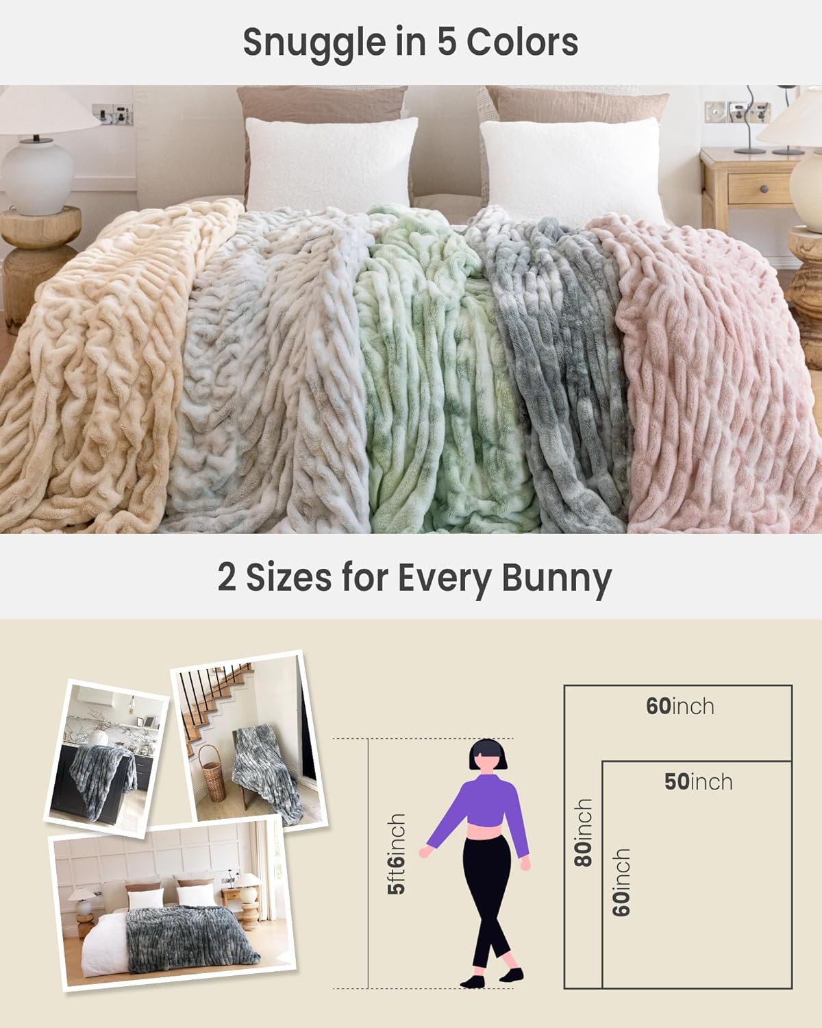 Faux Fur Blanket, Twin Size Oversized Throw Blanket for Couch, Fluffy Blanket with Stretch Ruched Design, Ultra Soft Giftable Home Decor, 60x80 inches, Tie-Dyed in White and Gray