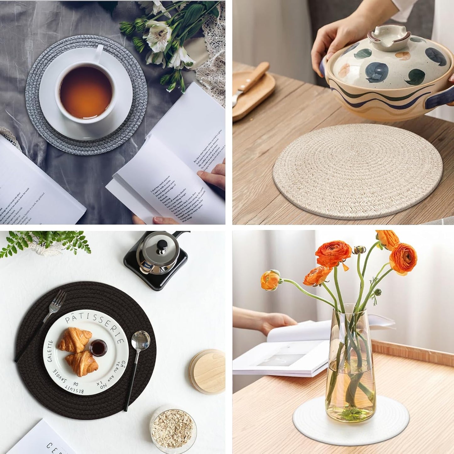 Round Placemats Set of 6, Cotton Rope Woven Table Mats, Hot Pads for Kitchen, Non Slip Heat Resistant Place Mats, 13 Inches Braided Placemat for Farmhouse Decor and Kitchen Table Decor (Black)