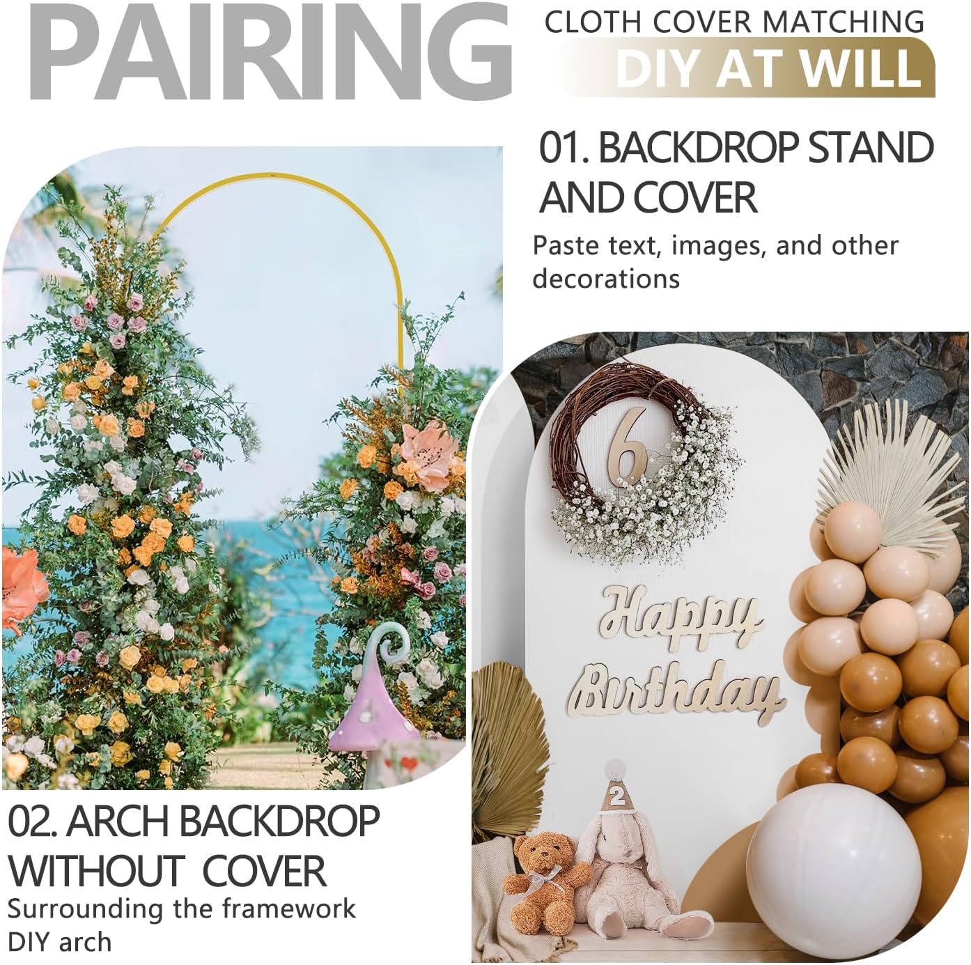 Arch Backdrop Stand and Cover Set, 3 Metal Balloon Arch Backdrop 7.2ft 6.6ft 6ft, Gold Arched Stand Frame for Wedding, Parties,Birthday, Backdrop Decorations (White,7.2ft+6.6ft+6ft)