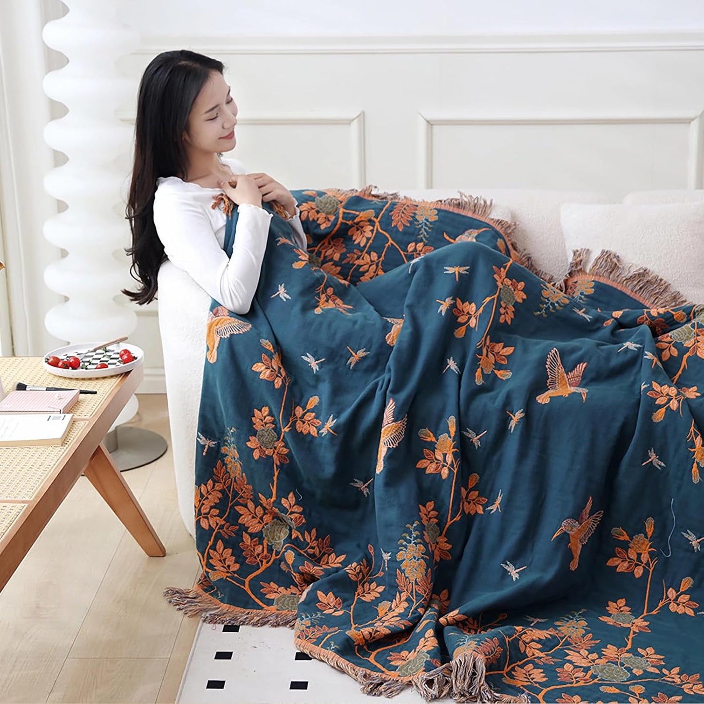 Snycler Boho Throw Blanket for Bed, 100% Organic Cotton Muslin Soft Throw-Floral Bird Farmhouse Rustic Spring Summer Fall Decor Blanket for Couch Sofa Quilt and Gift, 60" x 80" Orange