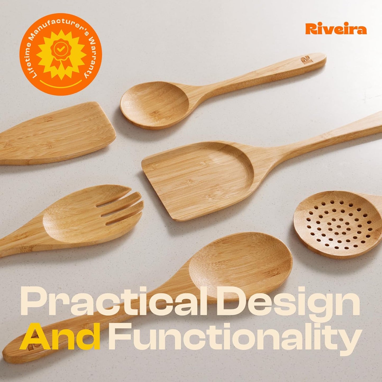 Riveira Brown Bamboo Wooden Spoons for Cooking Set of 6 – Natural Brown Bamboo Wooden Cooking Utensils, Wooden Spatula, Wooden Spoon - Premium Quality Wooden Utensil Set for Non-Toxic Cooking