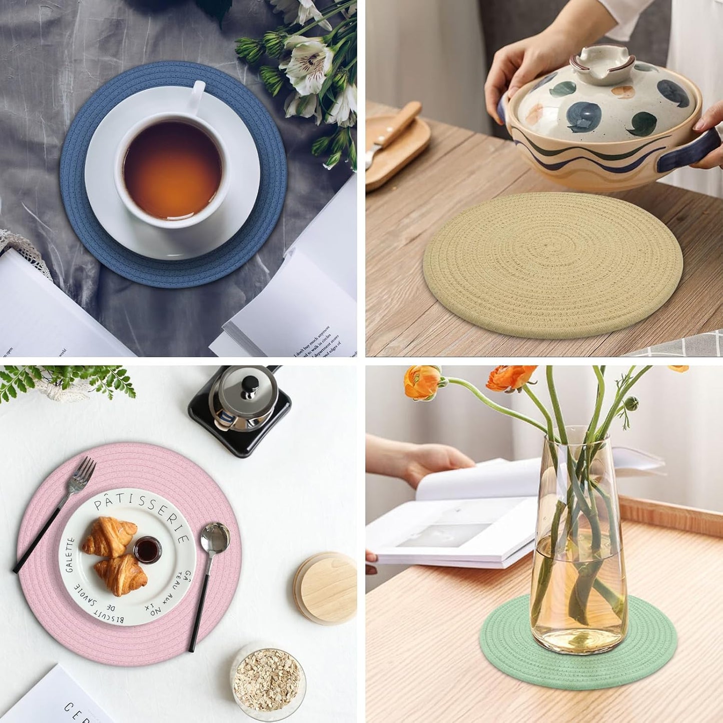 Round Placemats Set of 6, Cotton Rope Woven Table Mats, Hot Pads for Kitchen, Non Slip Heat Resistant Place Mats, 13 Inches Braided Placemat for Farmhouse Decor and Kitchen Table Decor (Green)