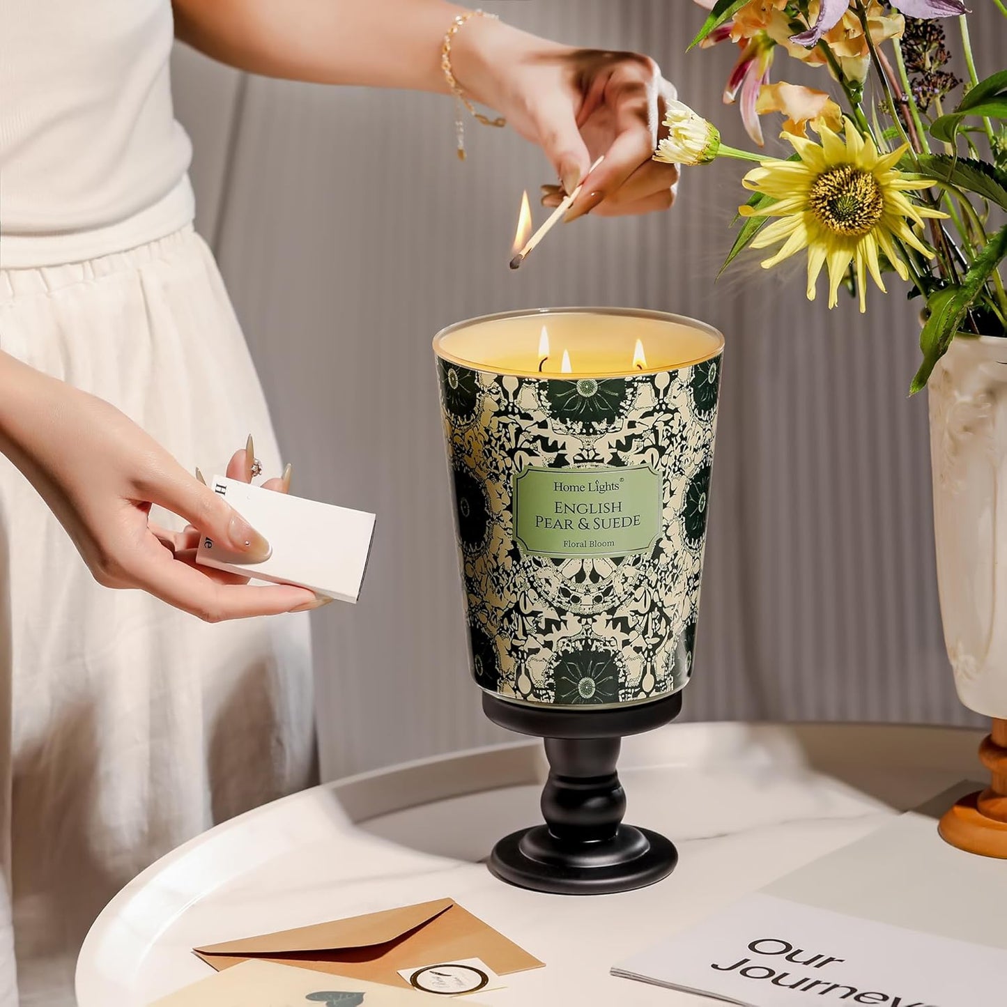 HomeLights Soy Wax Candles for Home Scented, 3-Wick Candles in English Pear & Suede Scented, Bohemian Natural Textures Aromatherapy Candles Gift for Parties, Relaxing, 34oz