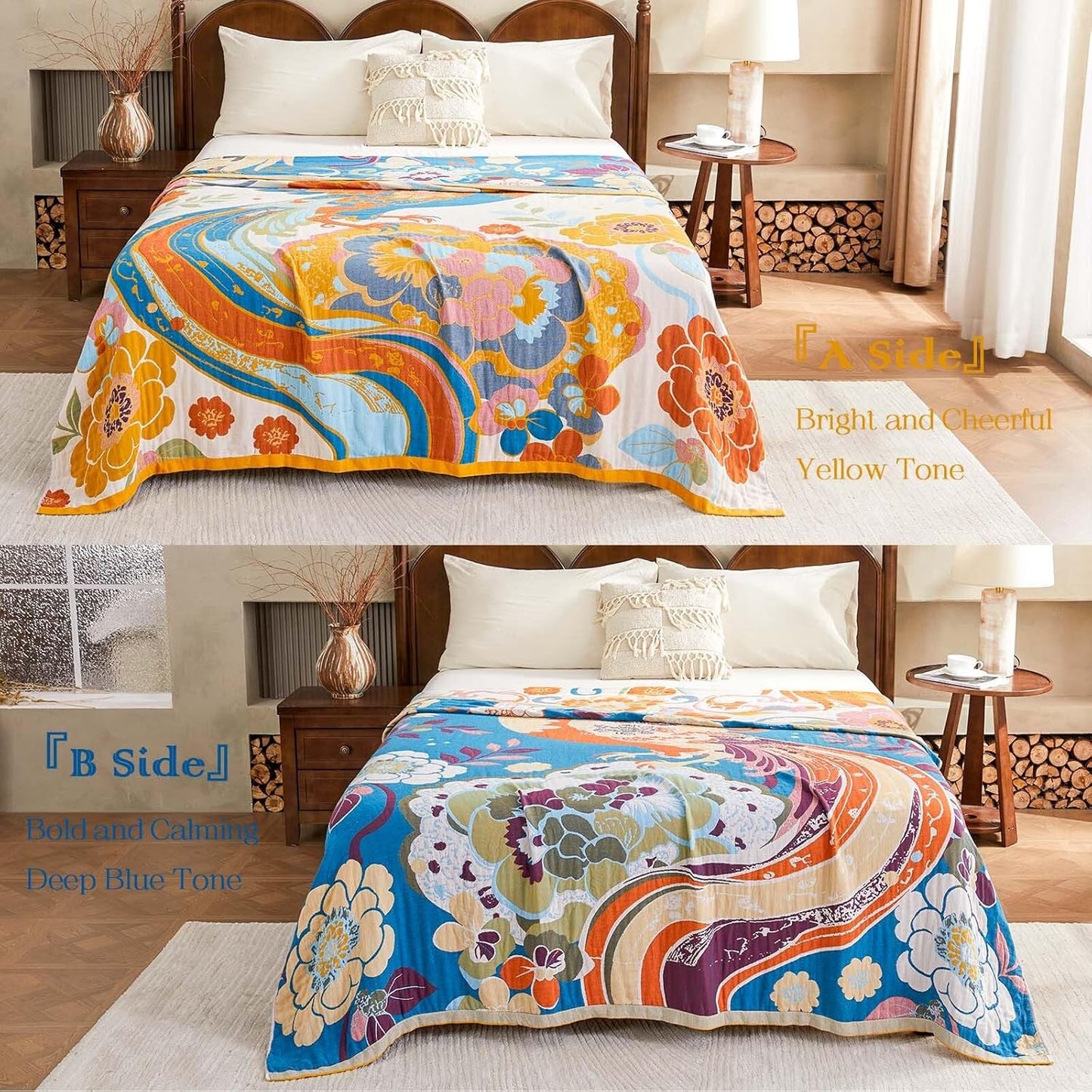 Boho Throw Blanket, Lightweight Blankets for Summer, 100% Cotton Bohemian Decorative Throw Blanket, 50"x60" Reversible Muslin Breathable Woven Farmhouse Blankets Quilt,