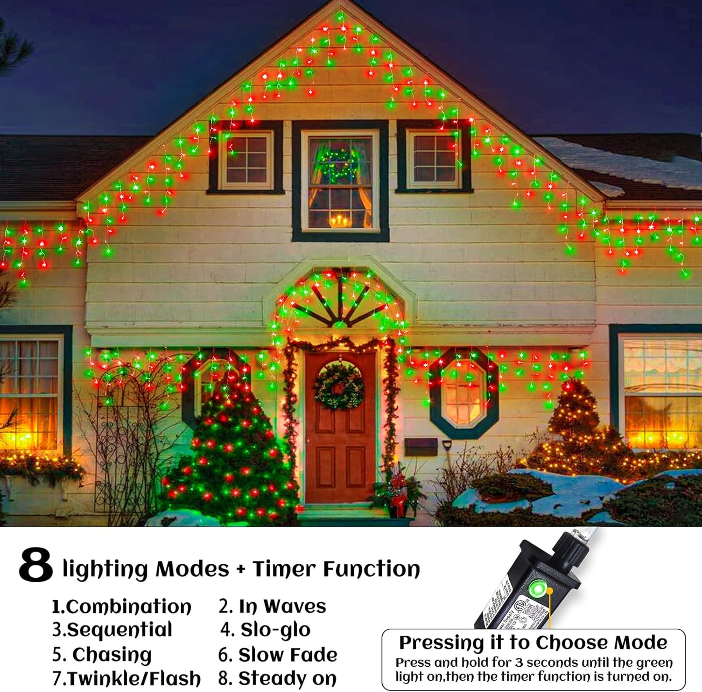 33ft Icicle Lights for Outside, Red and Green Christmas Lights Outdoor Indoor, 400 LED Twinkle String Lights with 75 Drops, Clear Wire Short Curtain Lights for Thanksgiving Room Home Wall Bedroom